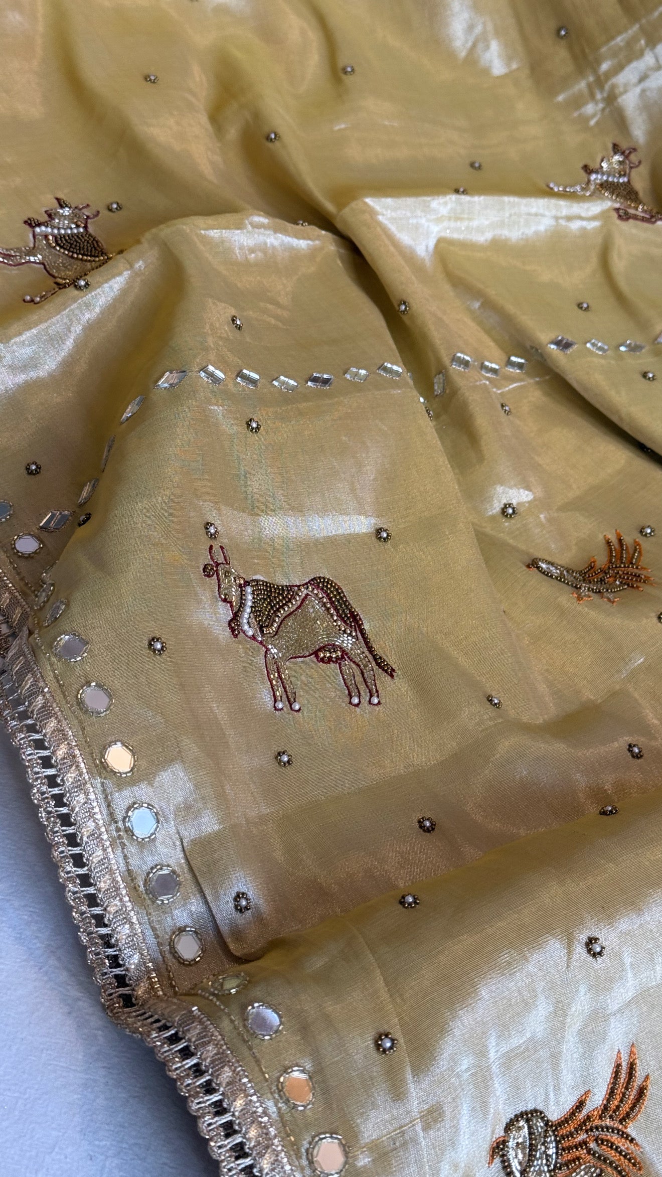 Satin tissue silk ivory gold hand embroidered kadhwa banarasi saree