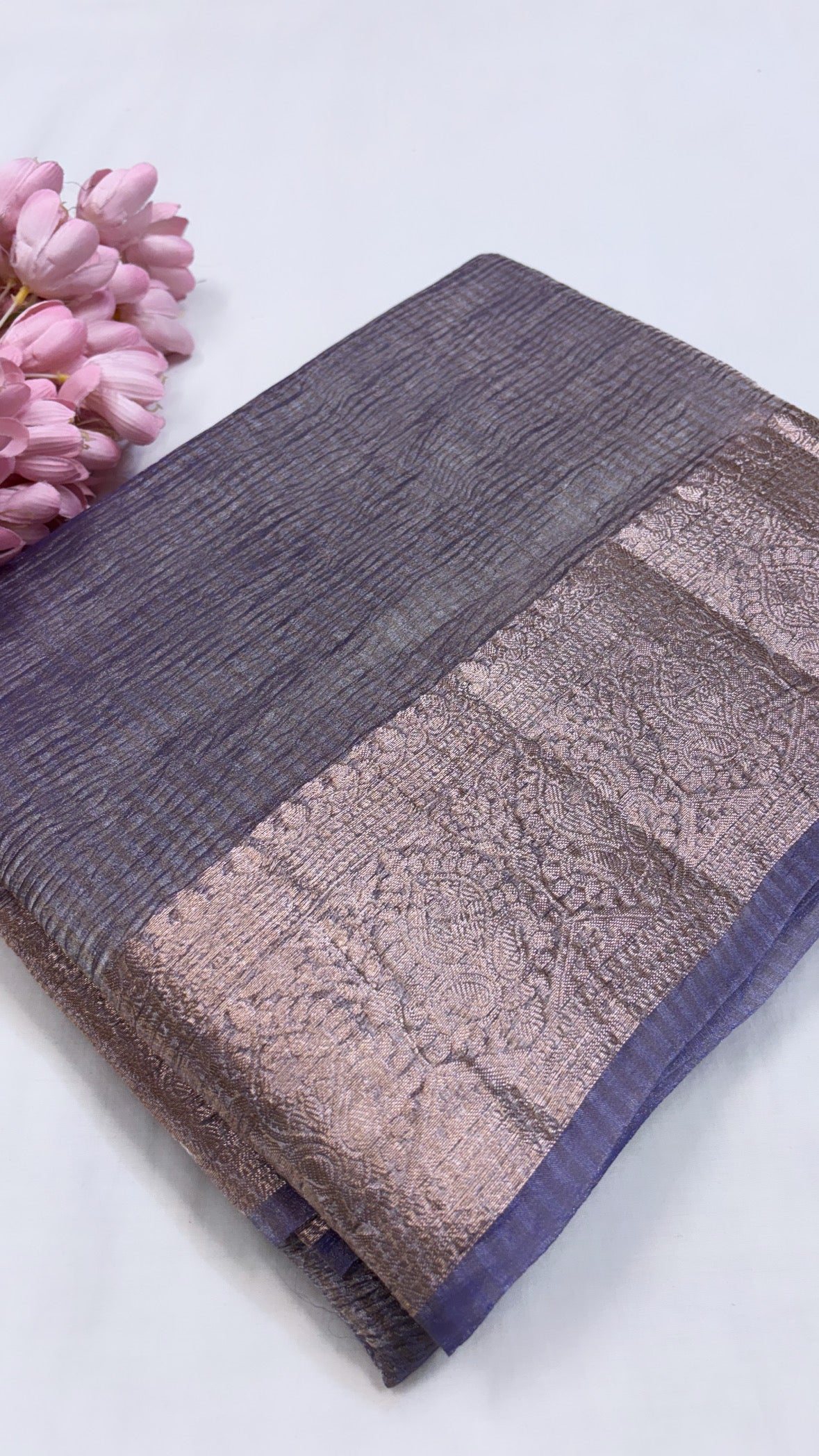 Pure banarasi persian blue crushed tissue silk handwoven kadhwa saree with intricate border and kadhwa blouse