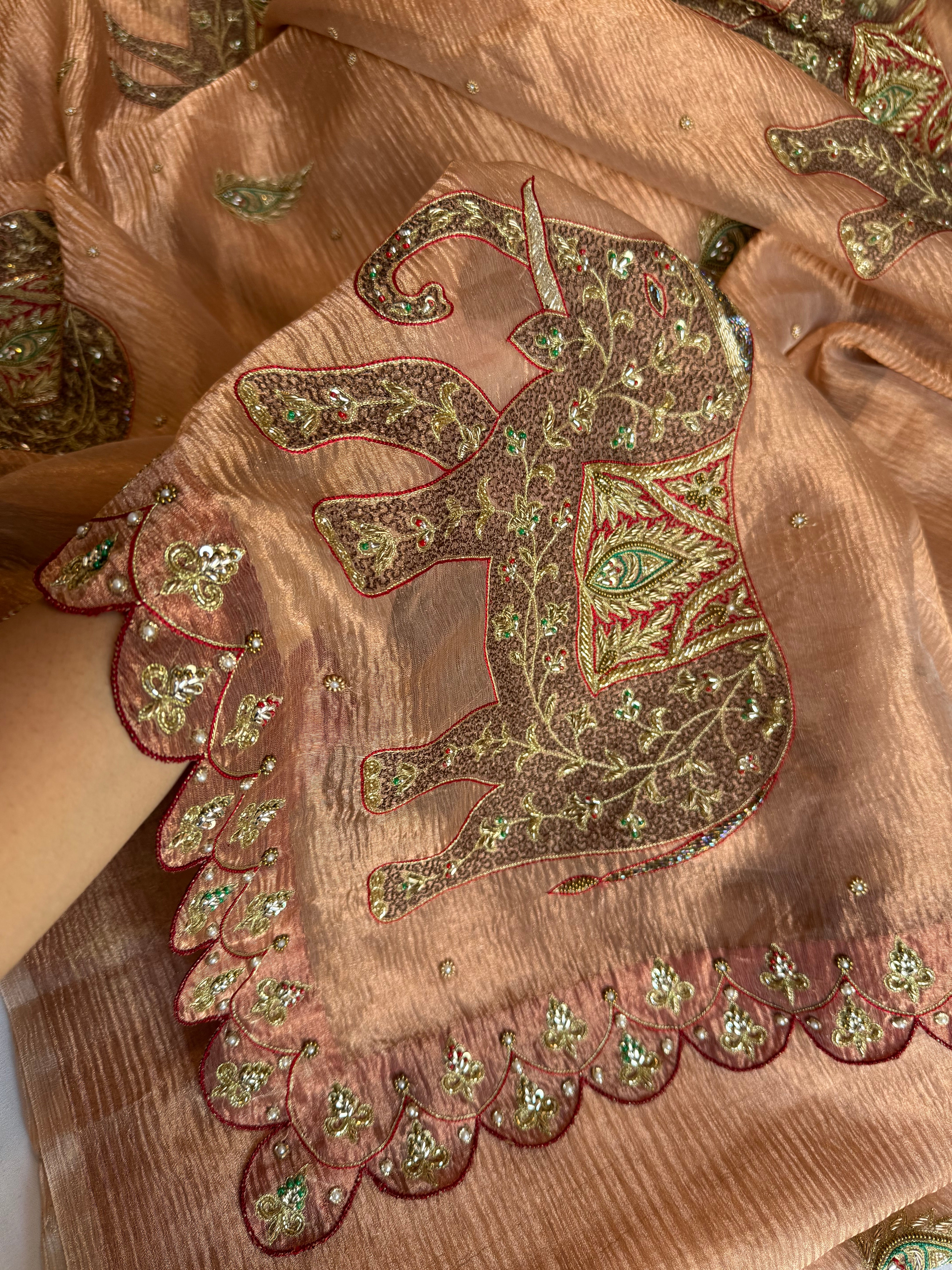 GajGamini crushed copper tissue silk elephant motif heavy hand embroidered meenakari work saree