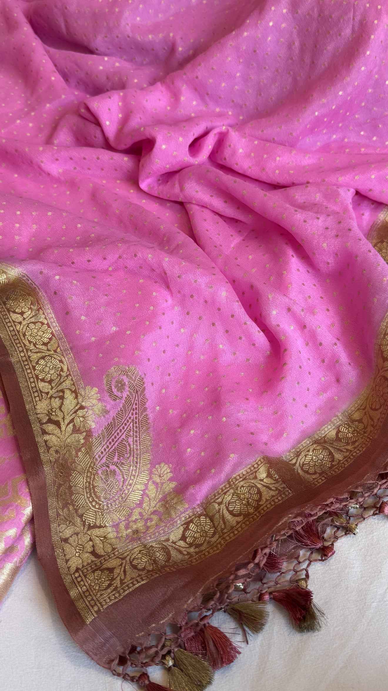 Banarasi hot pink-brown chiniya silk kurta paired with gorgette kadhwa duppata set
