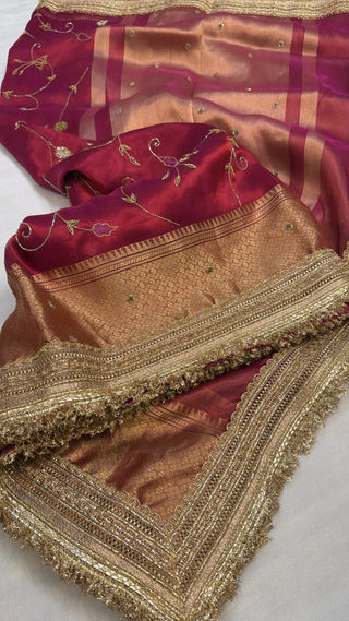 Husn chilly red tissue silk heavy hand embroidered saree