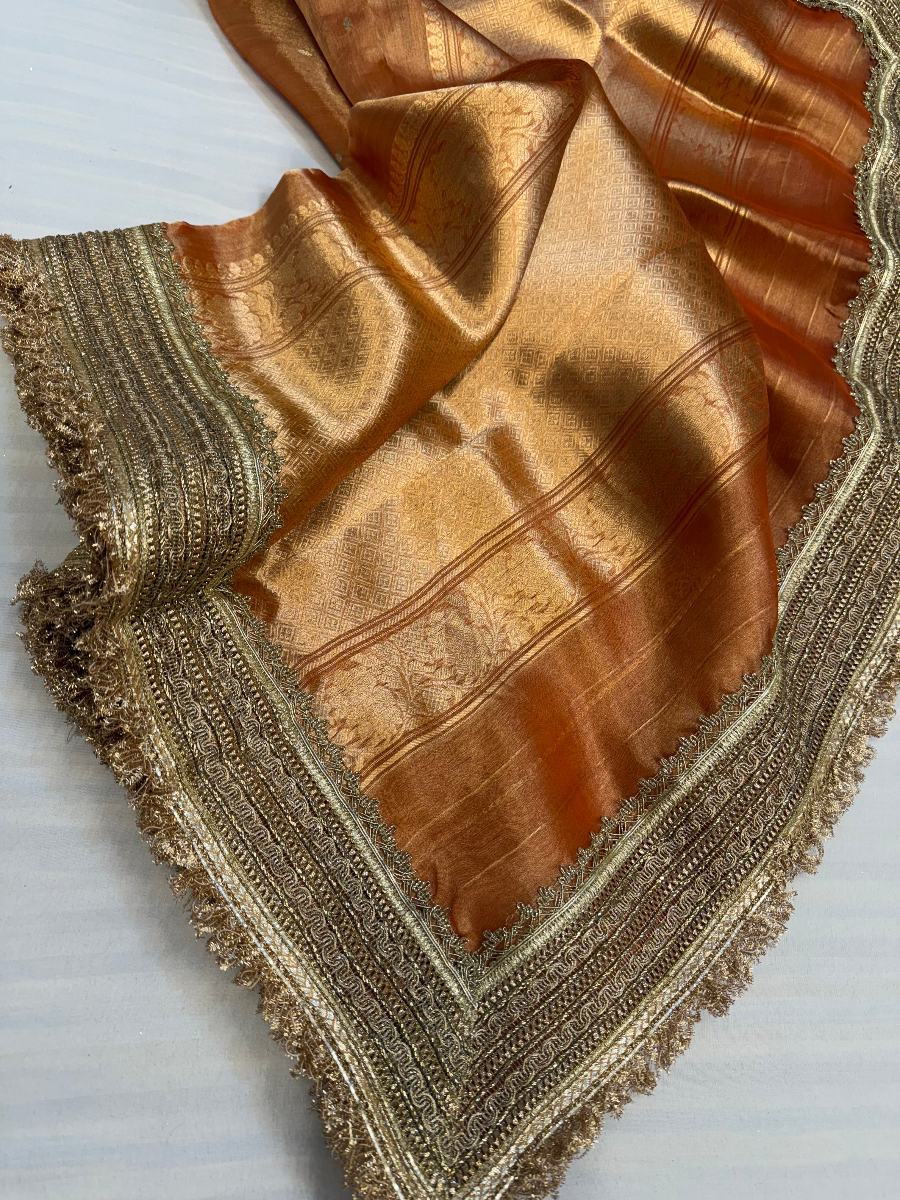 Fanta orange maharani tissue silk kadhwa buti saree