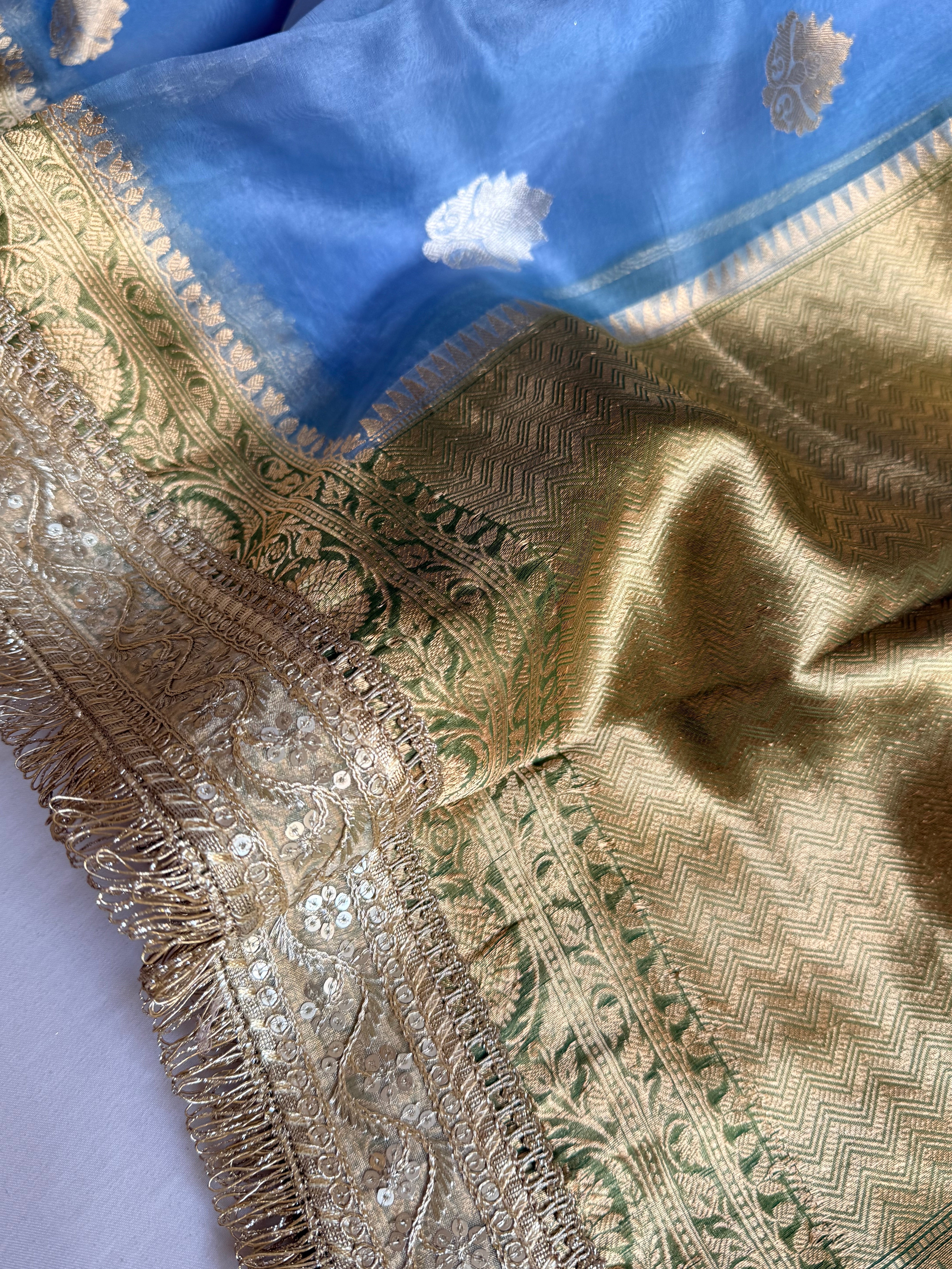 Banarasi leela sky blue-green kora silk kadhwa saree