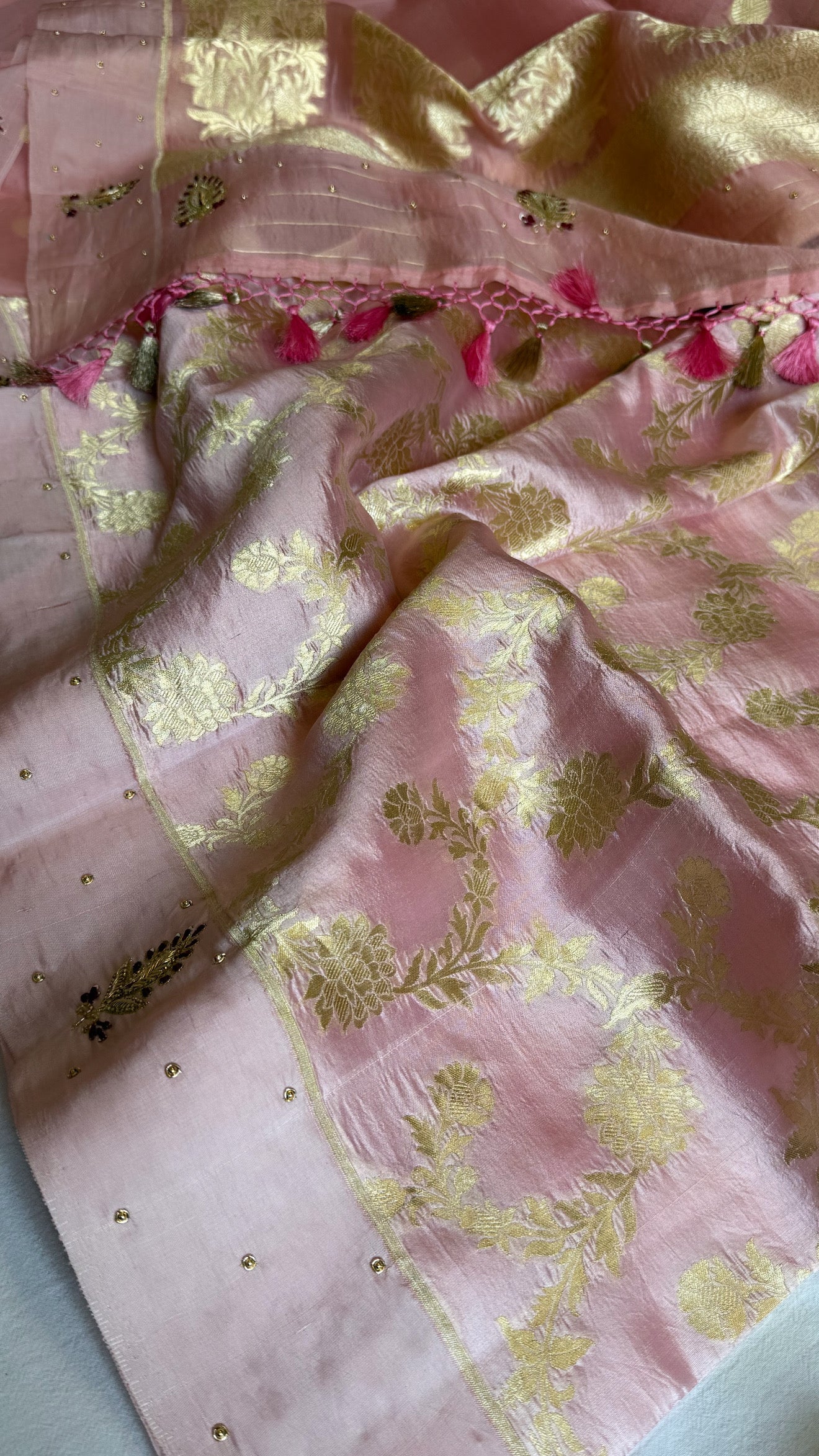 Blush pink banarasi kora silk hand embroidered kadhwa saree