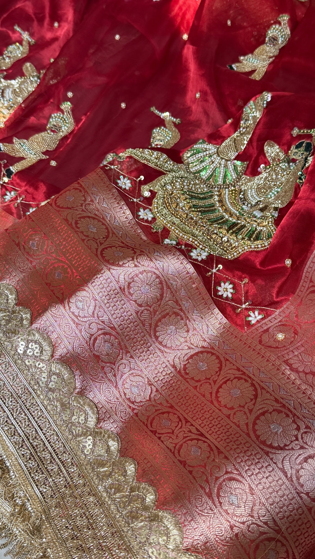Dandiya wali laal saree - blood red garba theme hand embroidered kadhwa tissue silk saree