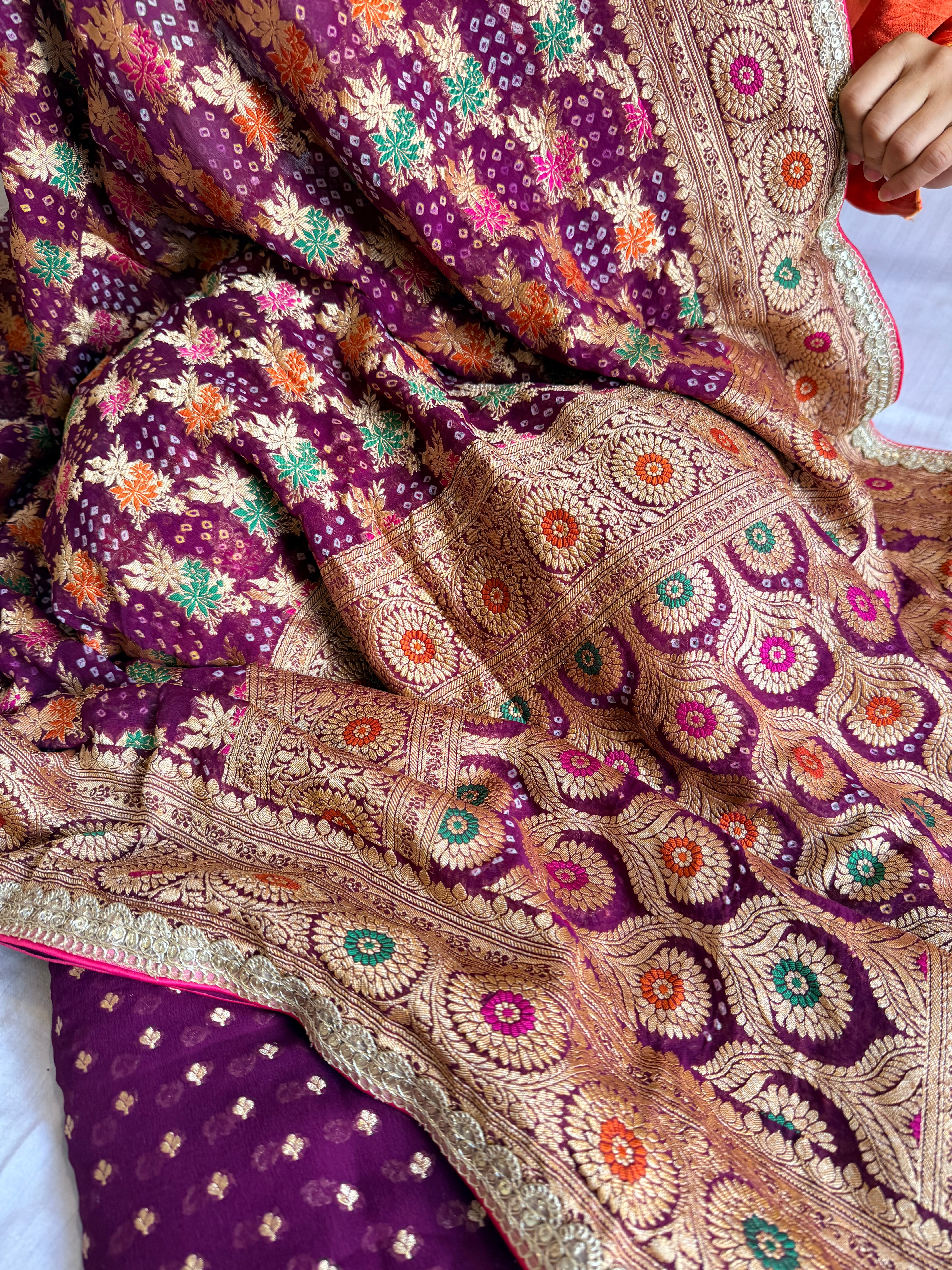 Rai bandhej brinjal purple banarasi chiffon gorgette gotapatti suits