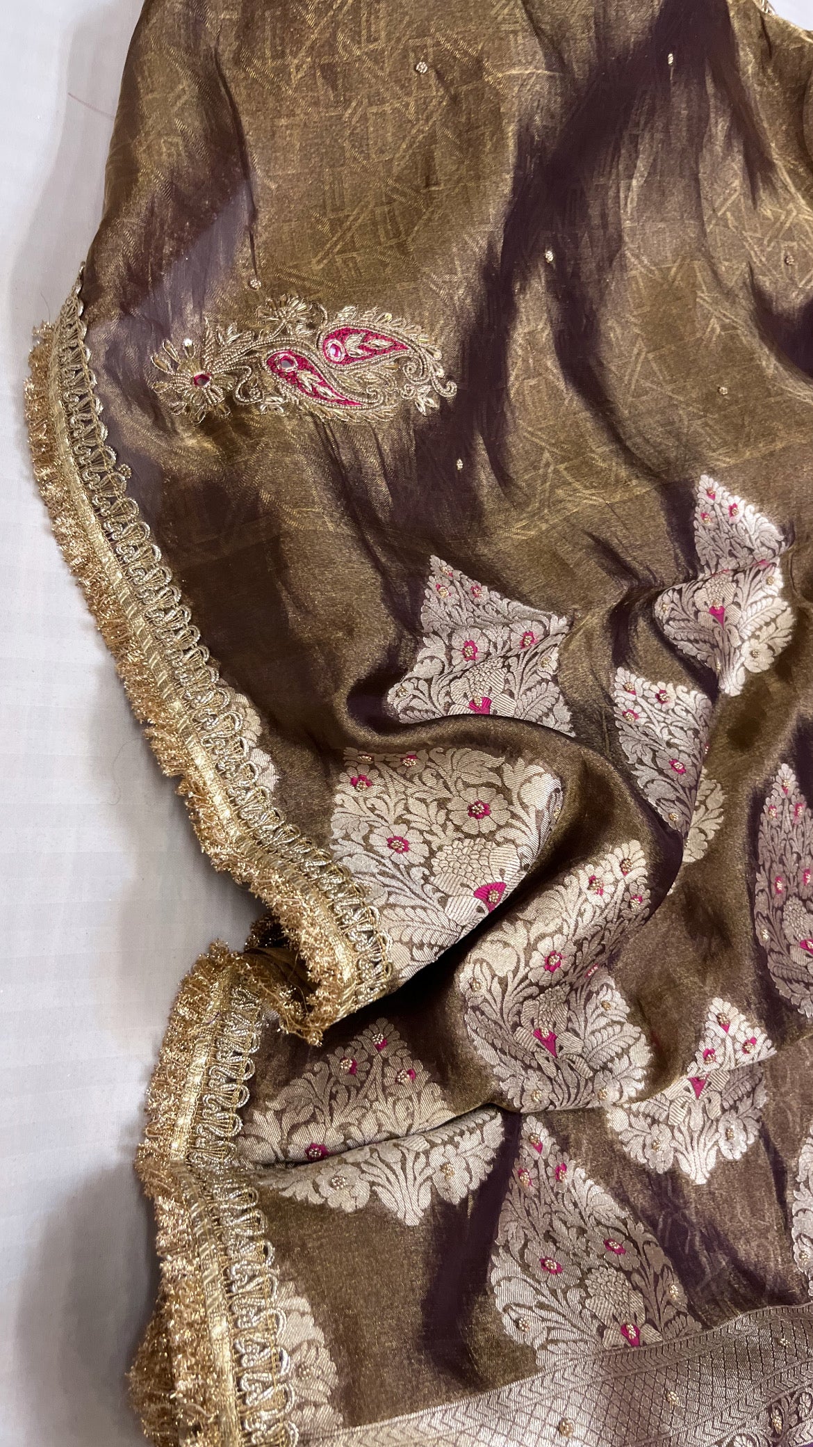 Husn antique purple tissue silk hand embroidered saree