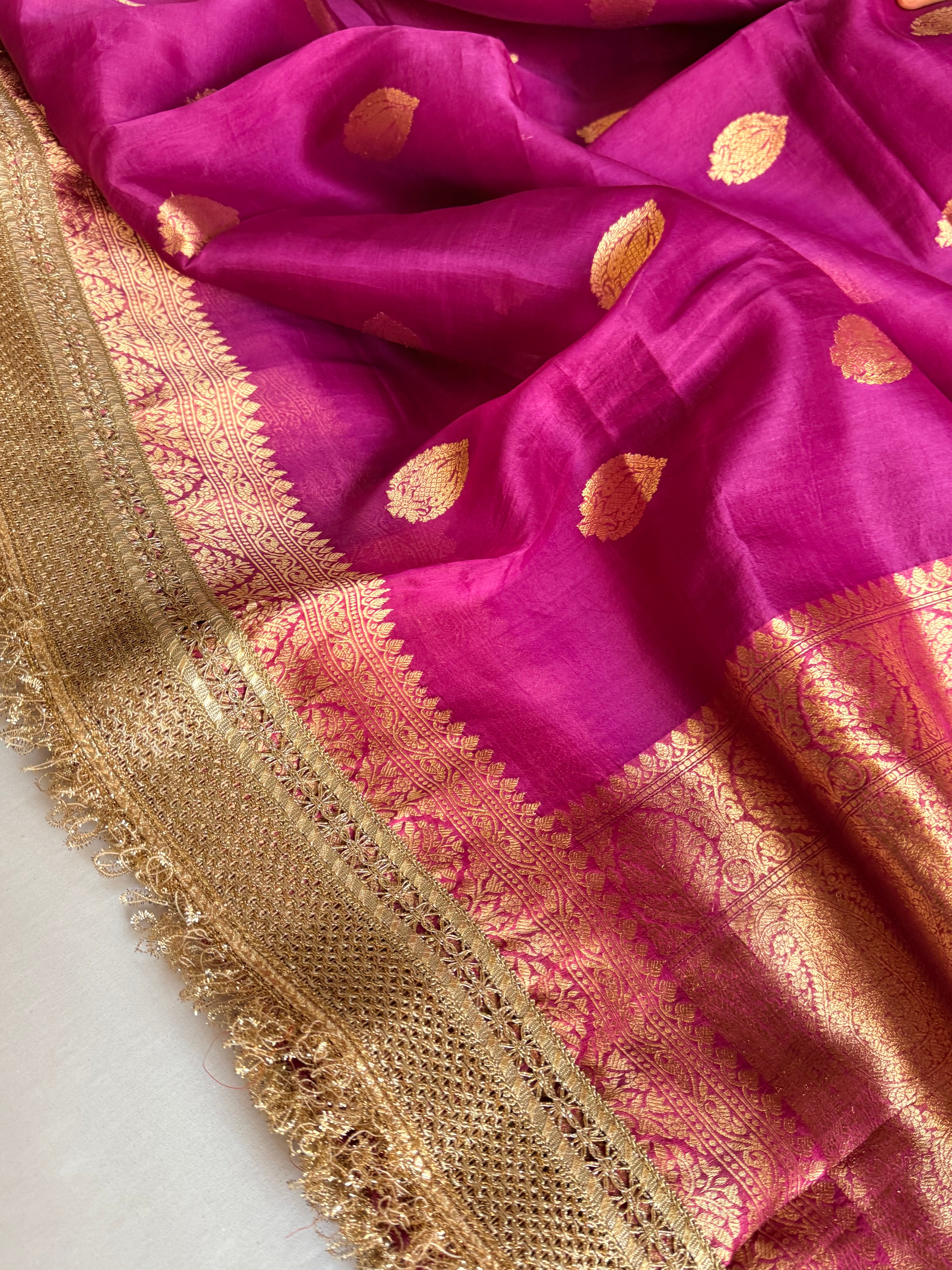 Banarasi leela magenta purple kora silk kadhwa saree