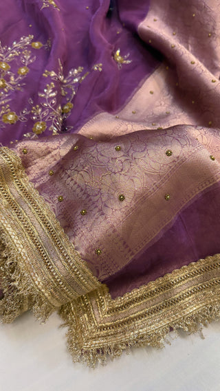 Husn shadi wali saree - Soft violet husn tissue silk heavy hand embroidered saree