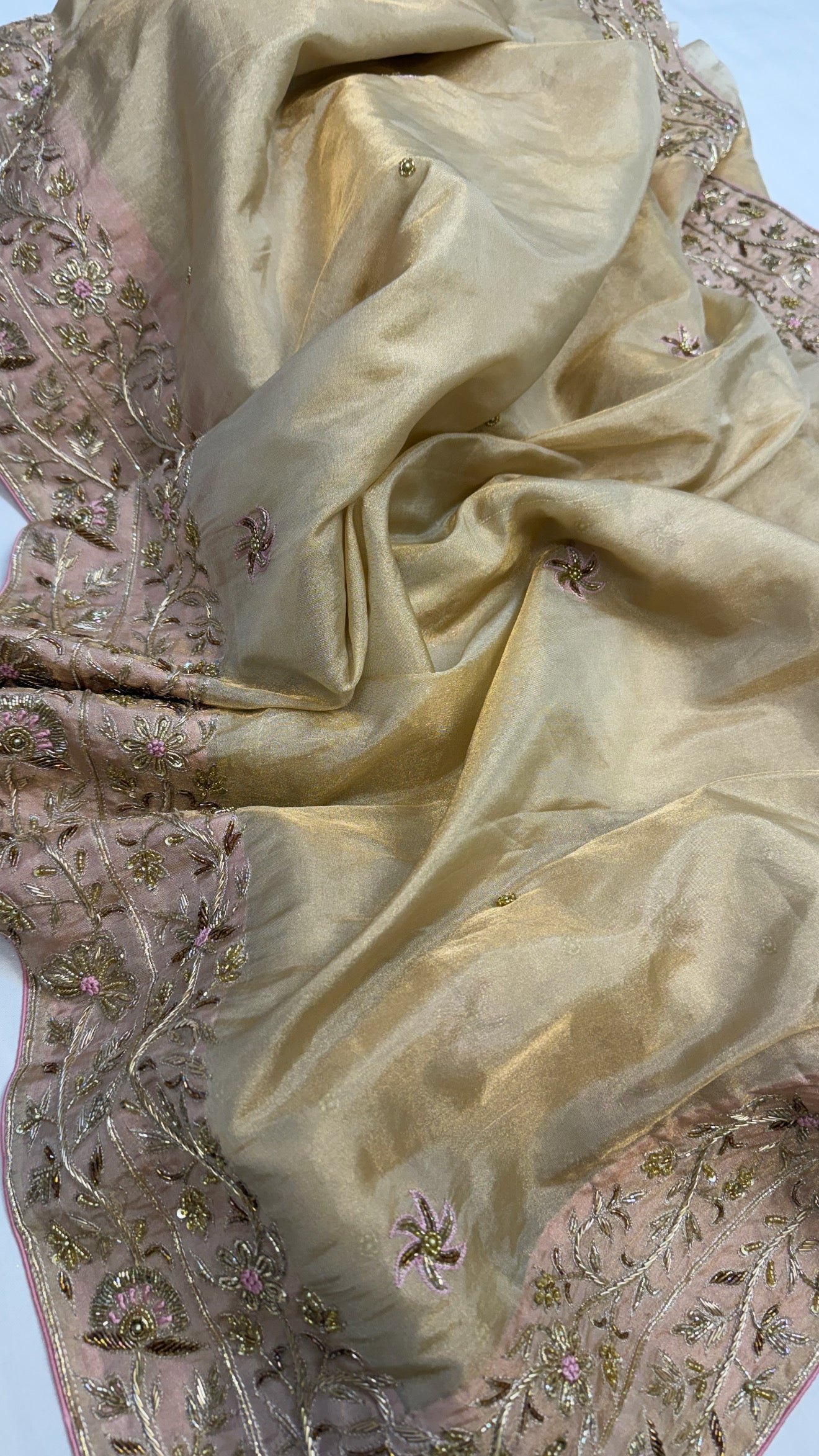 Gulab ki pankhuri husn tissue silk heavy zardozi border hand embroidered saree