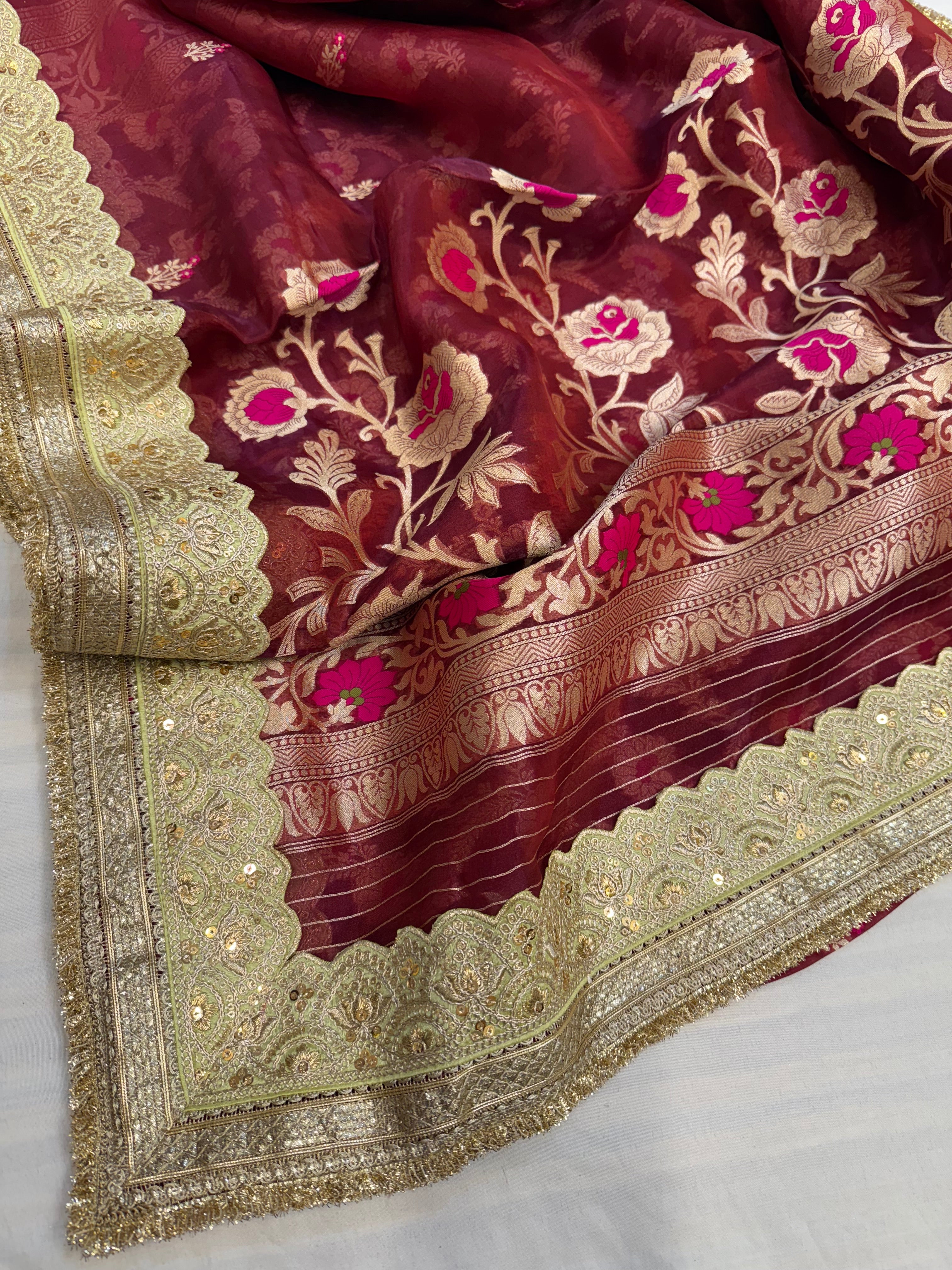 Cranberry pink maharani tissue silk meenakari saree