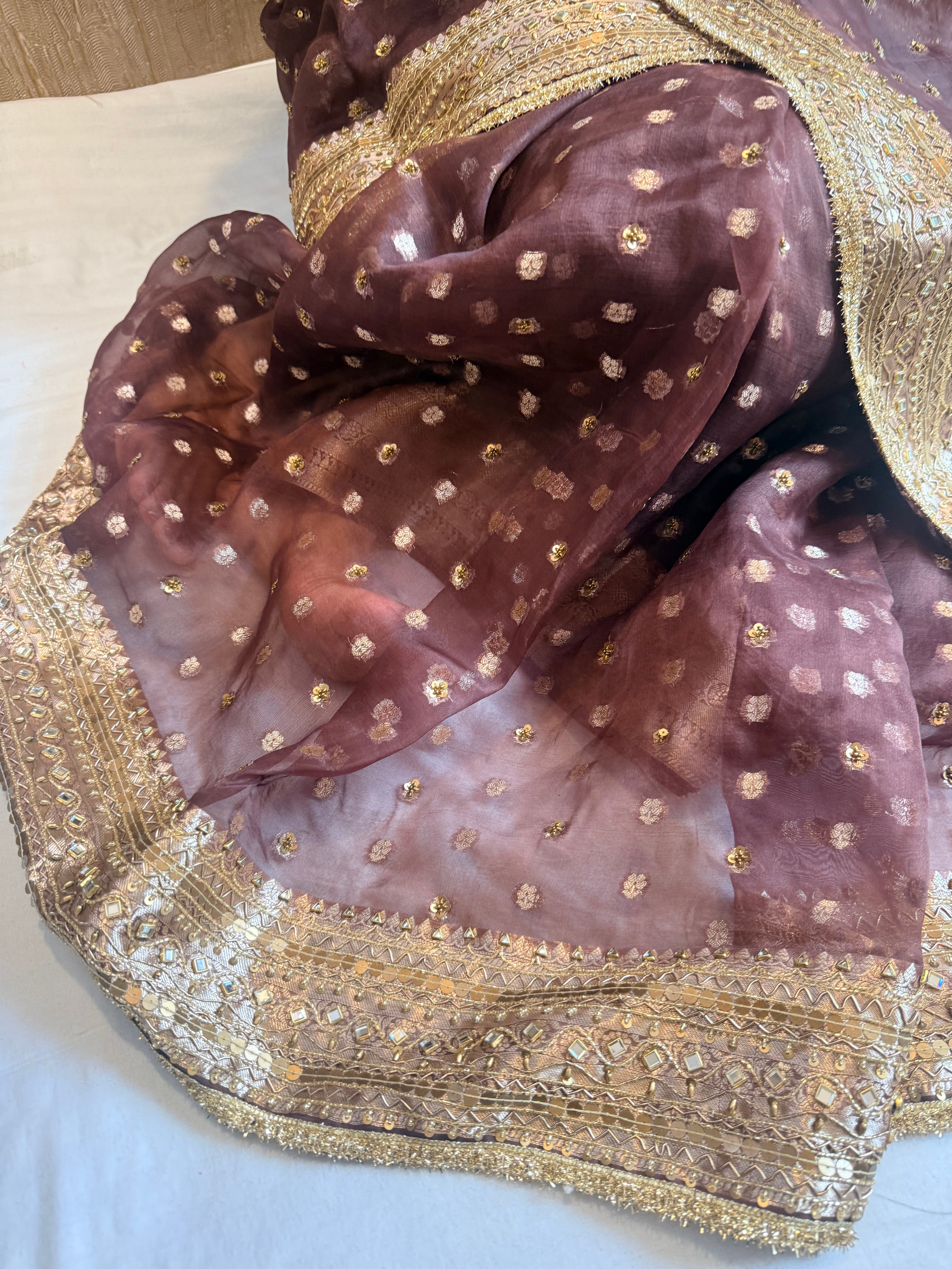 Coffee brown kora silk bollywood inspired antique work hand embroidered saree ( Blouse unstitched)