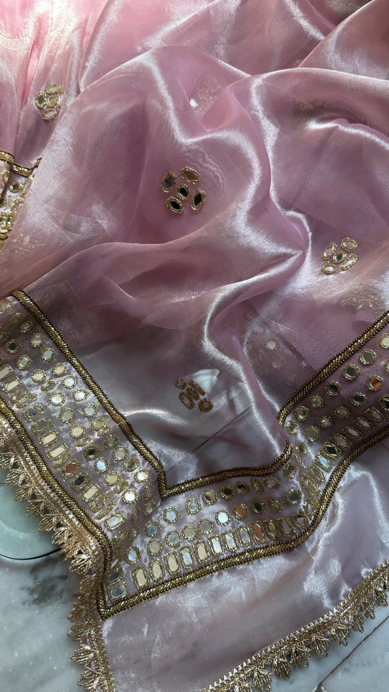 Engagement wali saree - Powder pink diamond tissue silk mirror work hand embroidered saree