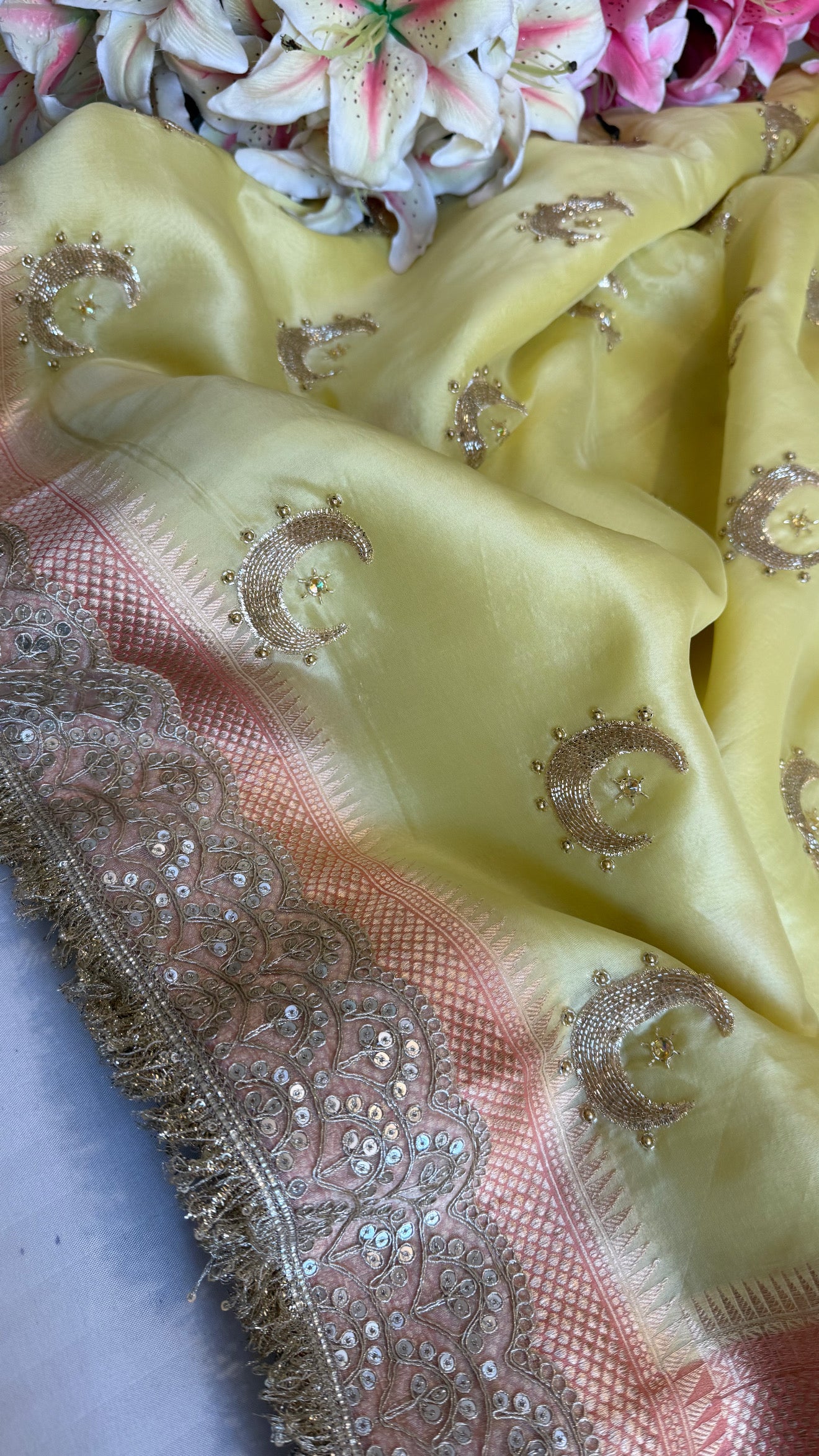 Sufi night edit - Lime yellow - peach kora silk banarasi chandtara buta hand embroidered kadhwa saree