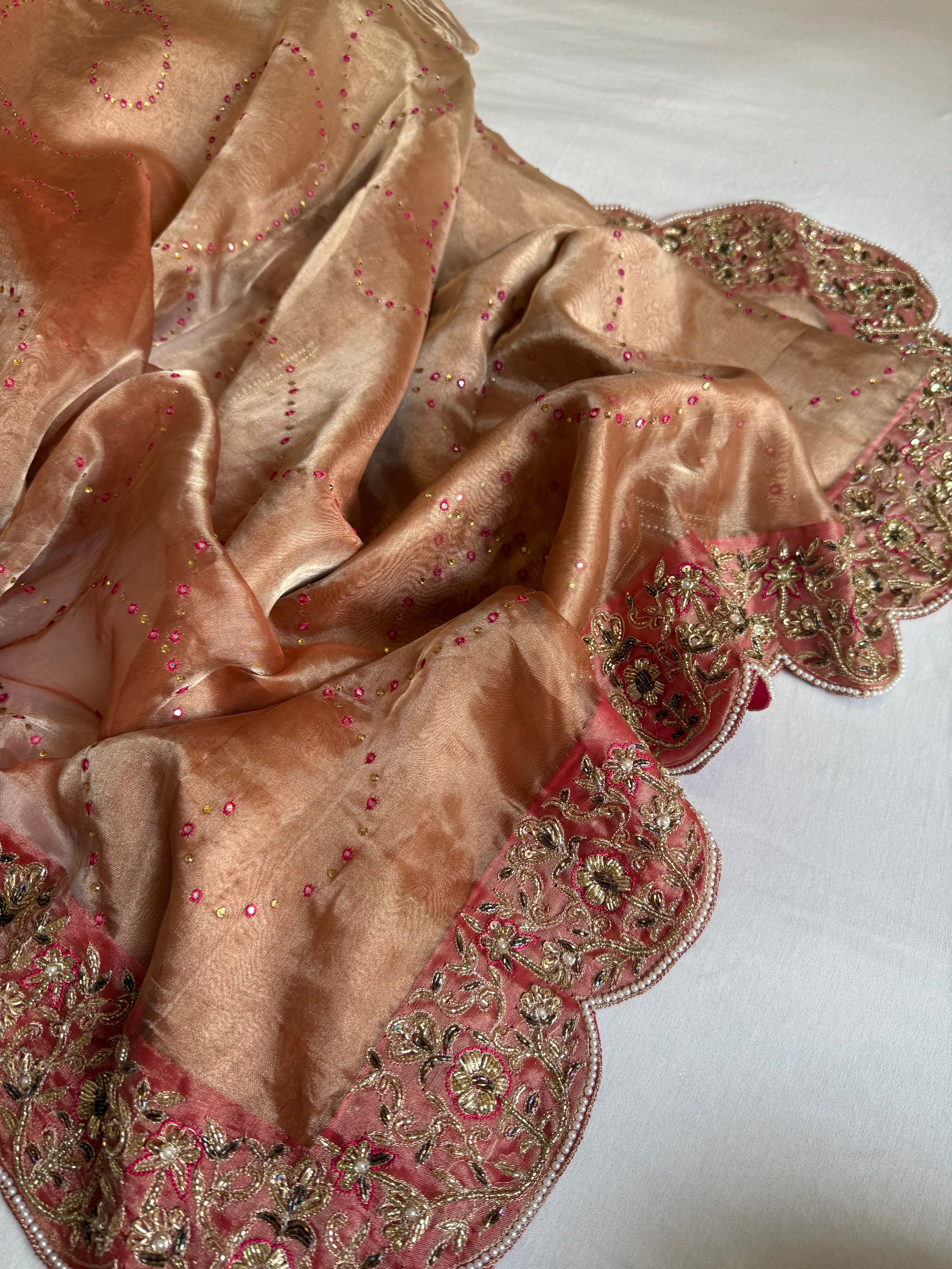 Umrao jaan inspired double diamond tissue silk zardozi work hand embroidered saree