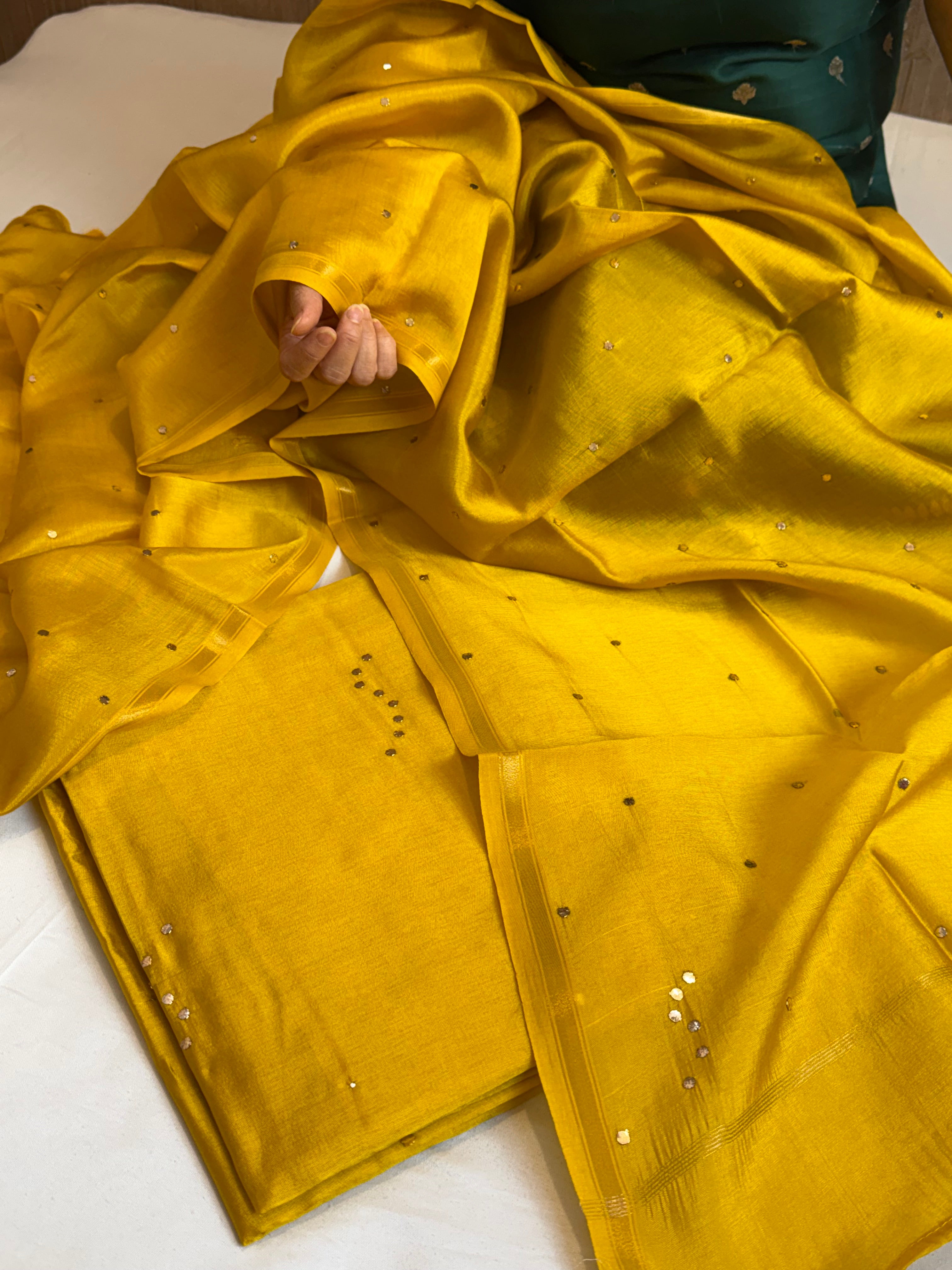 Mustard yellow raw mango silk mukaish work hand embroidered saree