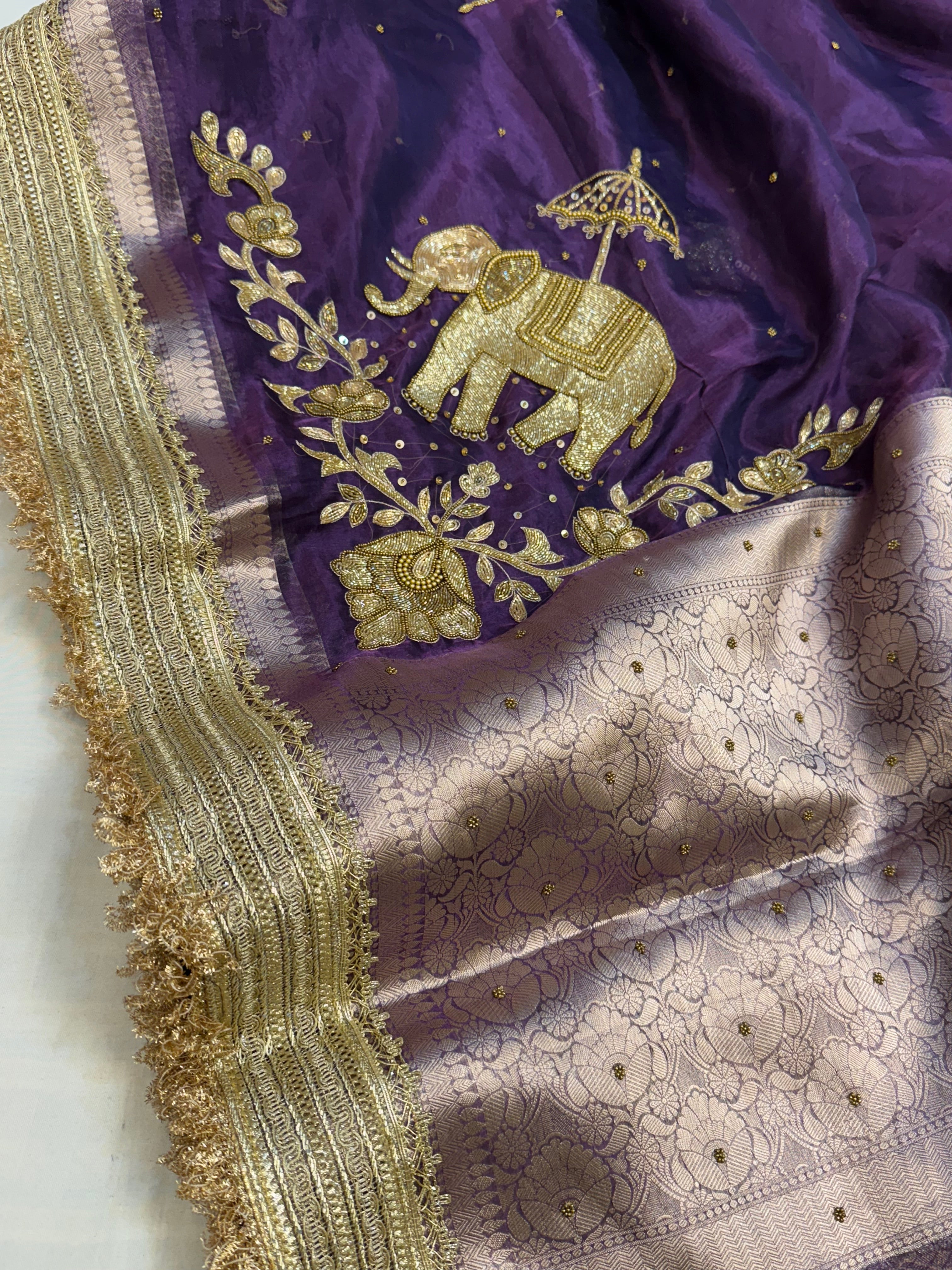 Dulhan ki maa wali sarees - Midnight purple elephant motif hand embroidered saree