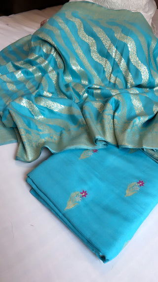 Aasmani blue moonga silk meenedar jaal suit set