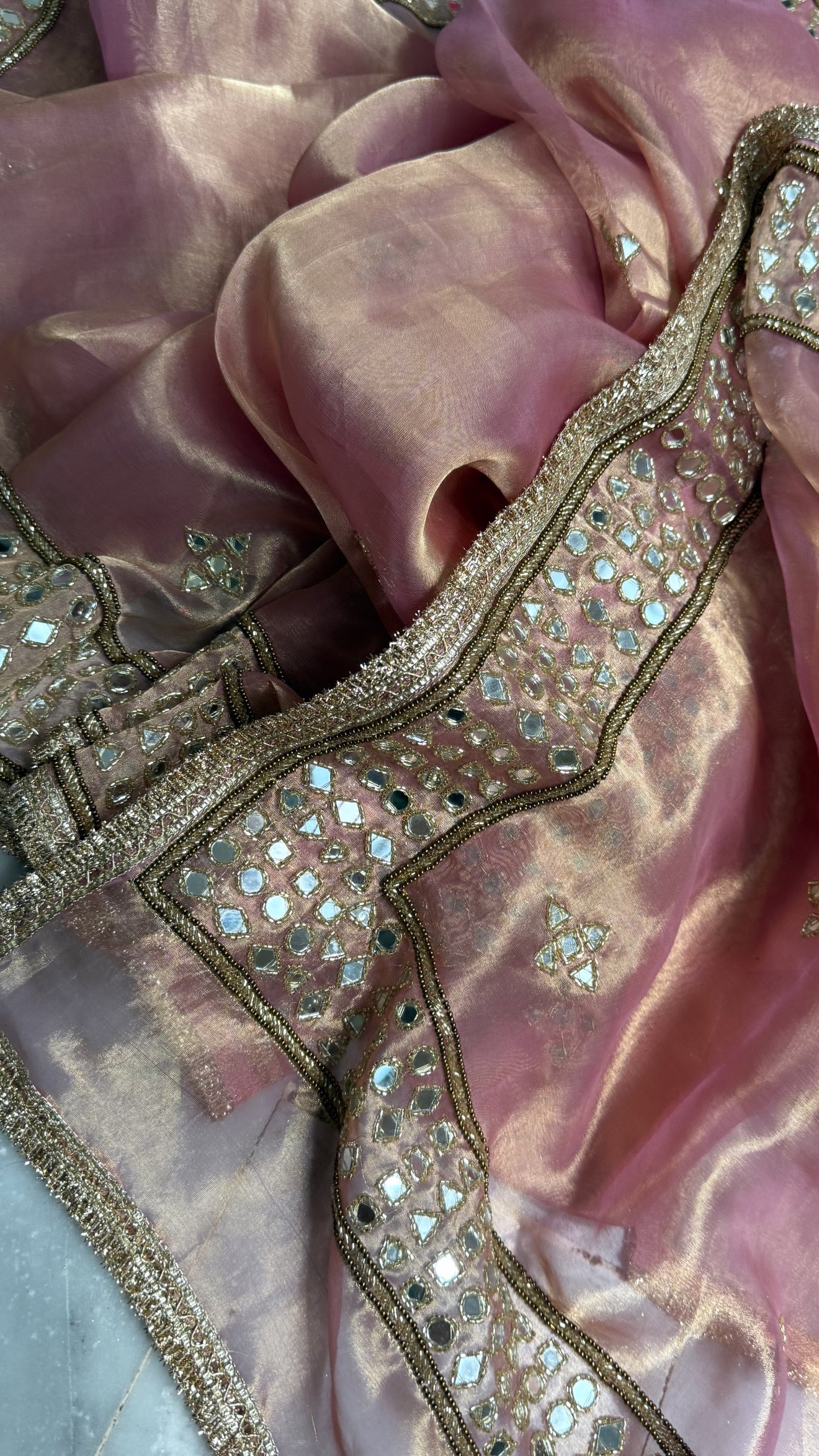 Engagement wali saree - Blush pink diamond tissue silk mirror work hand embroidered saree