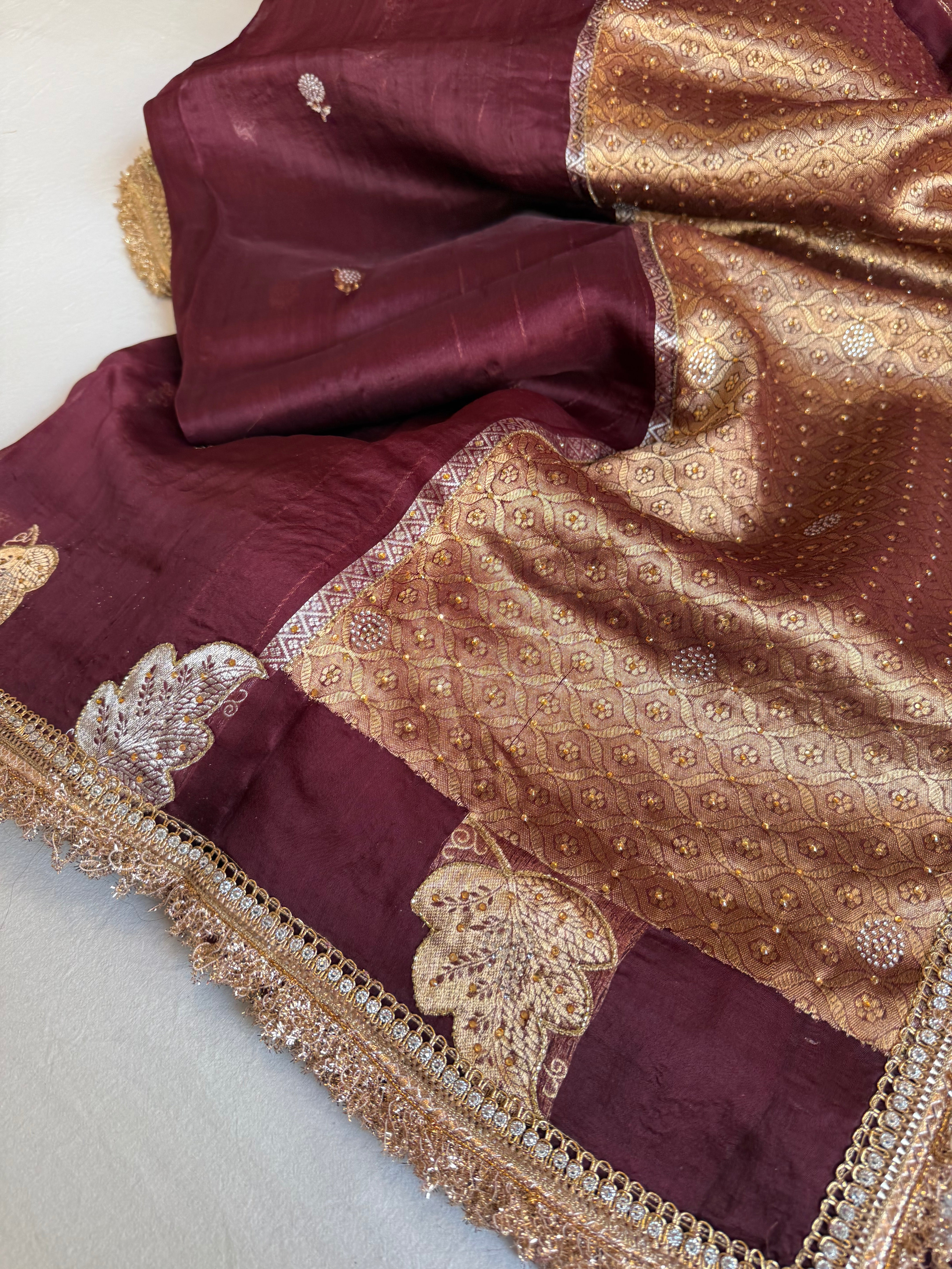 Deep plum banarasi kora silk heavy sitara stonework kadhwa gotapatti saree