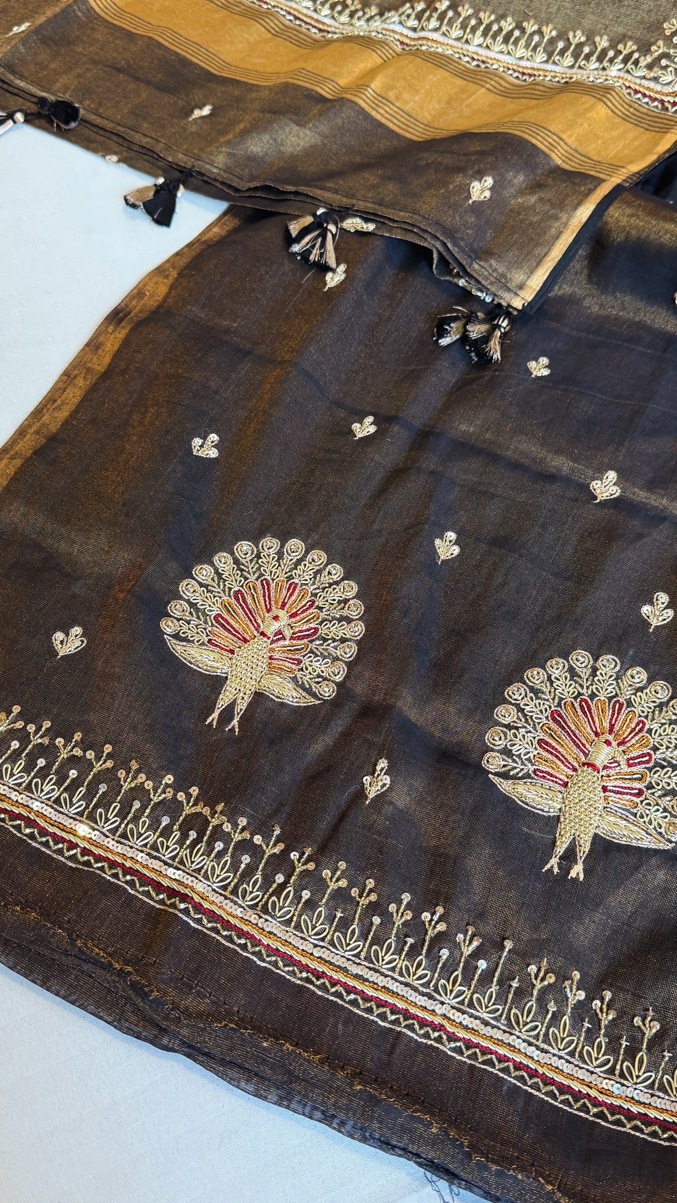 Metallic black mul cotton tissue silk hand embroidered kadhwa suit sets