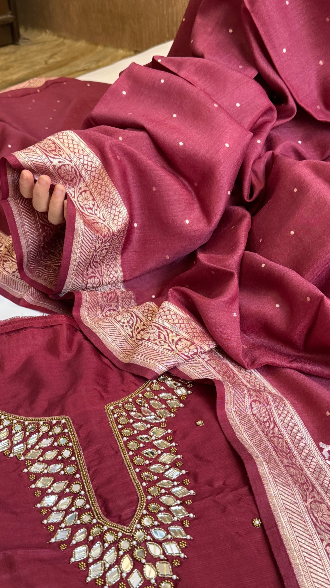 Sheesham maroon mirror work katan silk kadhwa hand embroidered suit set