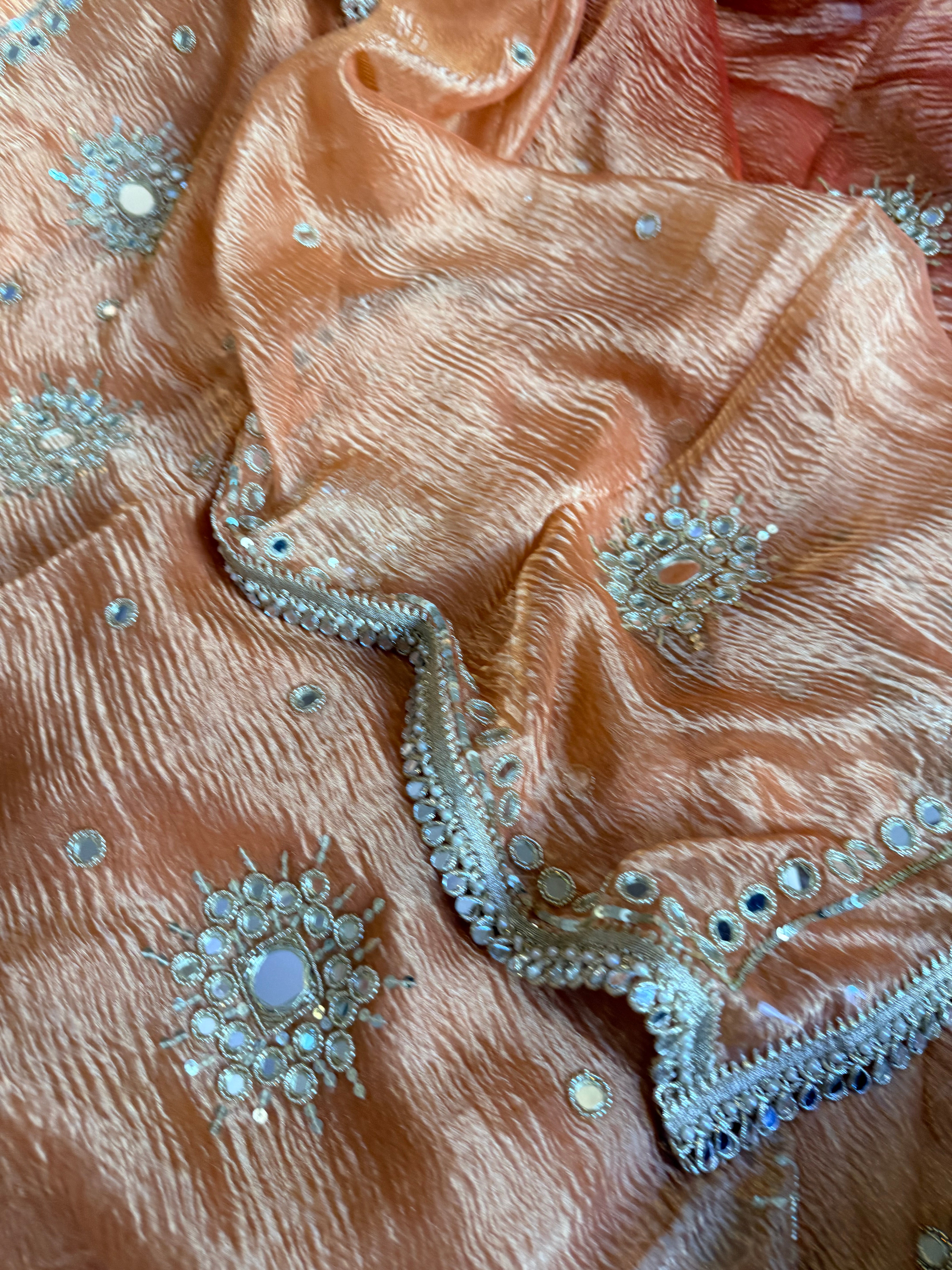 Banarasi tissue silk mirrorwork hand embroidered crushed suit sets