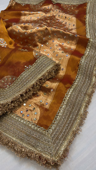 Dulhan wali saree - Glossy orange tissue silk mirror work hand embroidered saree