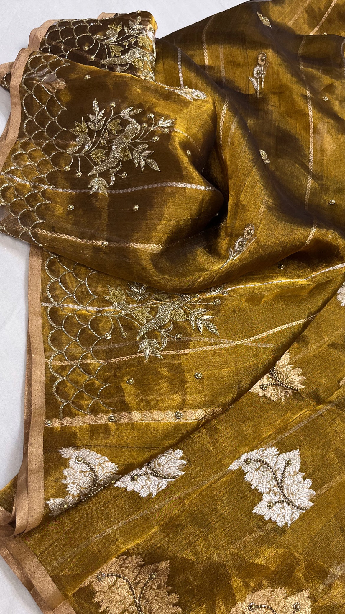 Husn metallic gold tissue silk hand embroidered saree