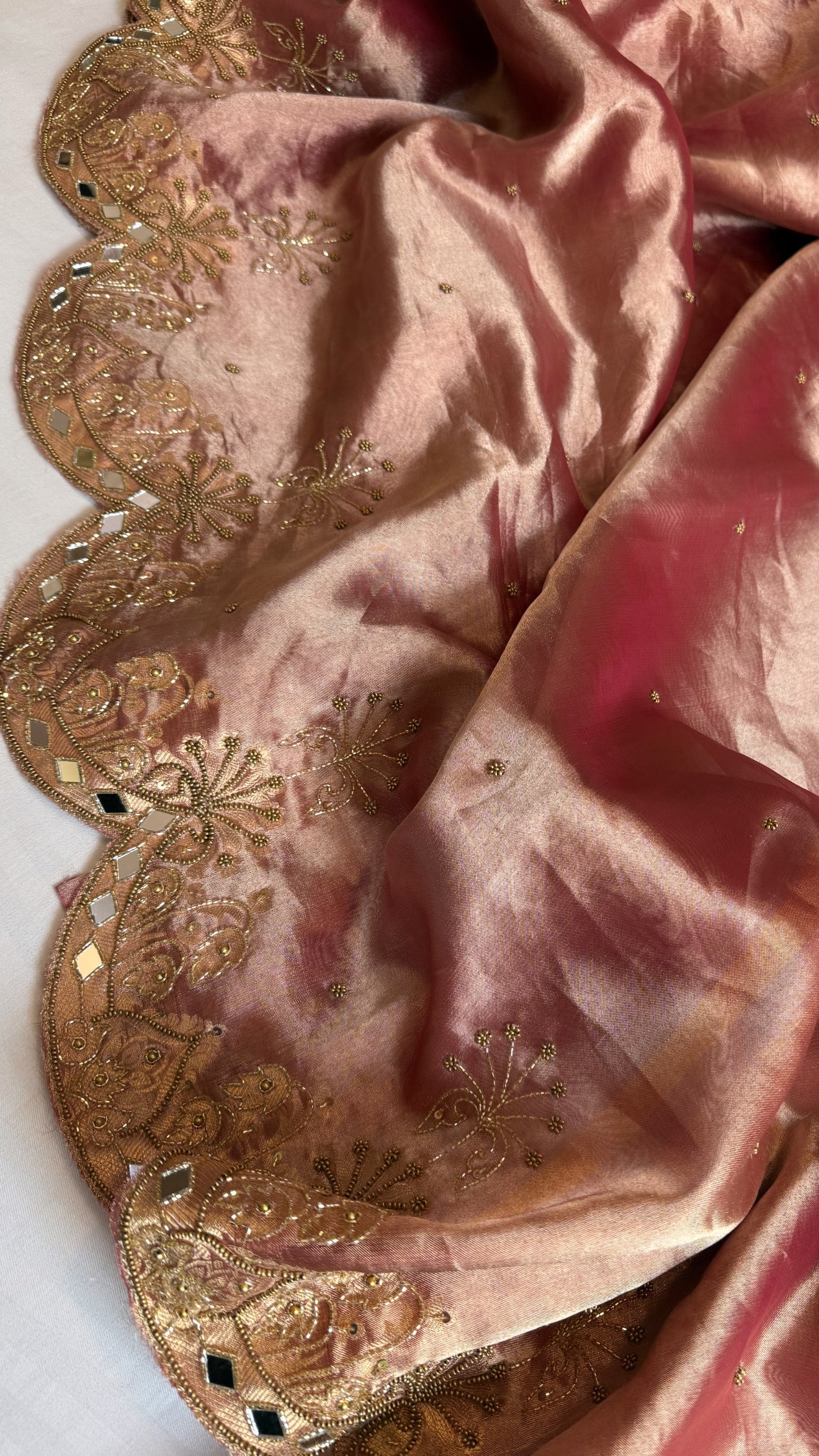 Husn cherry pink tissue silk heavy hand embroidered kadhwa saree
