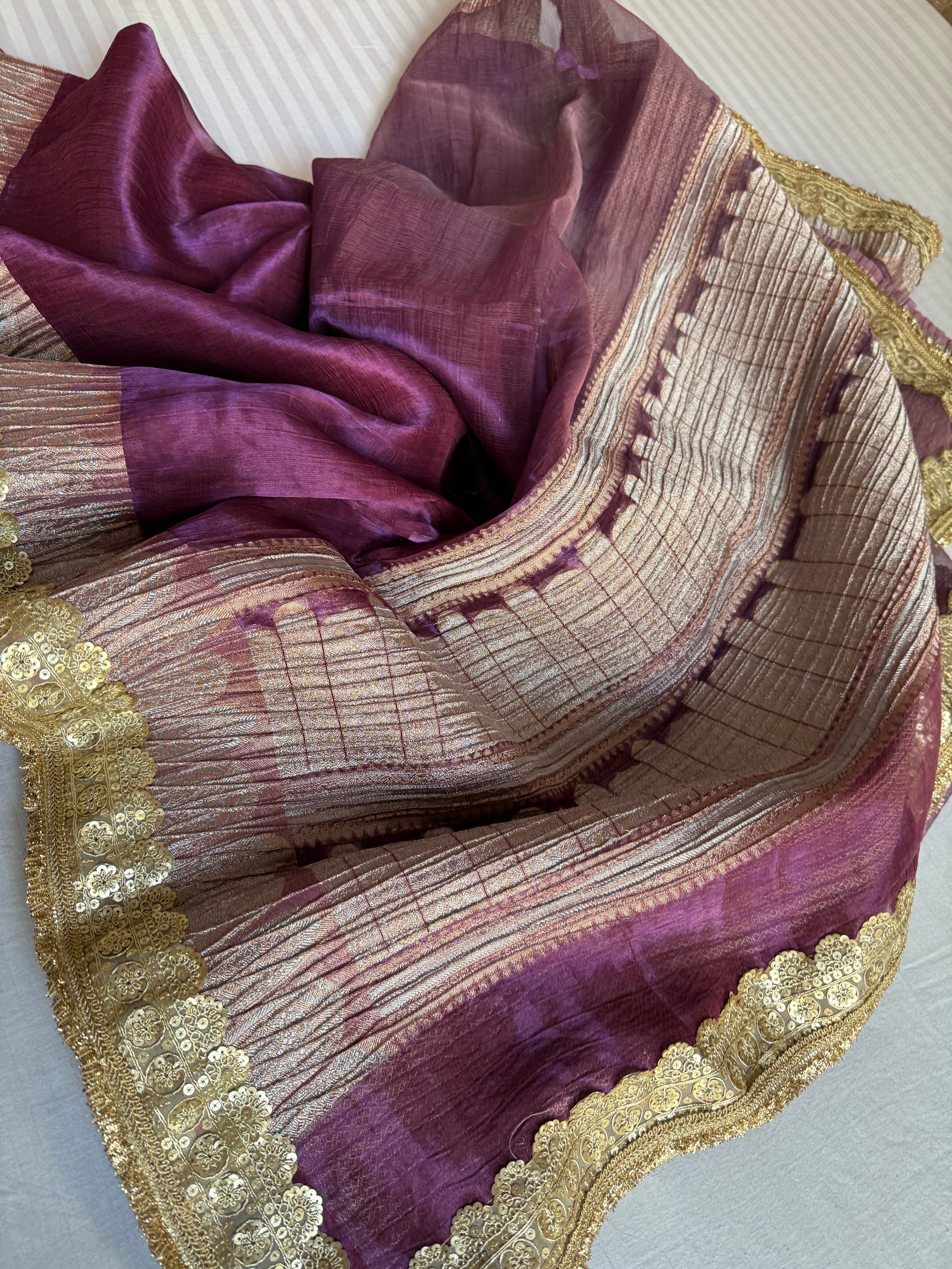 Midnight purple dhup chao effect pleated maharani tissue silk saree