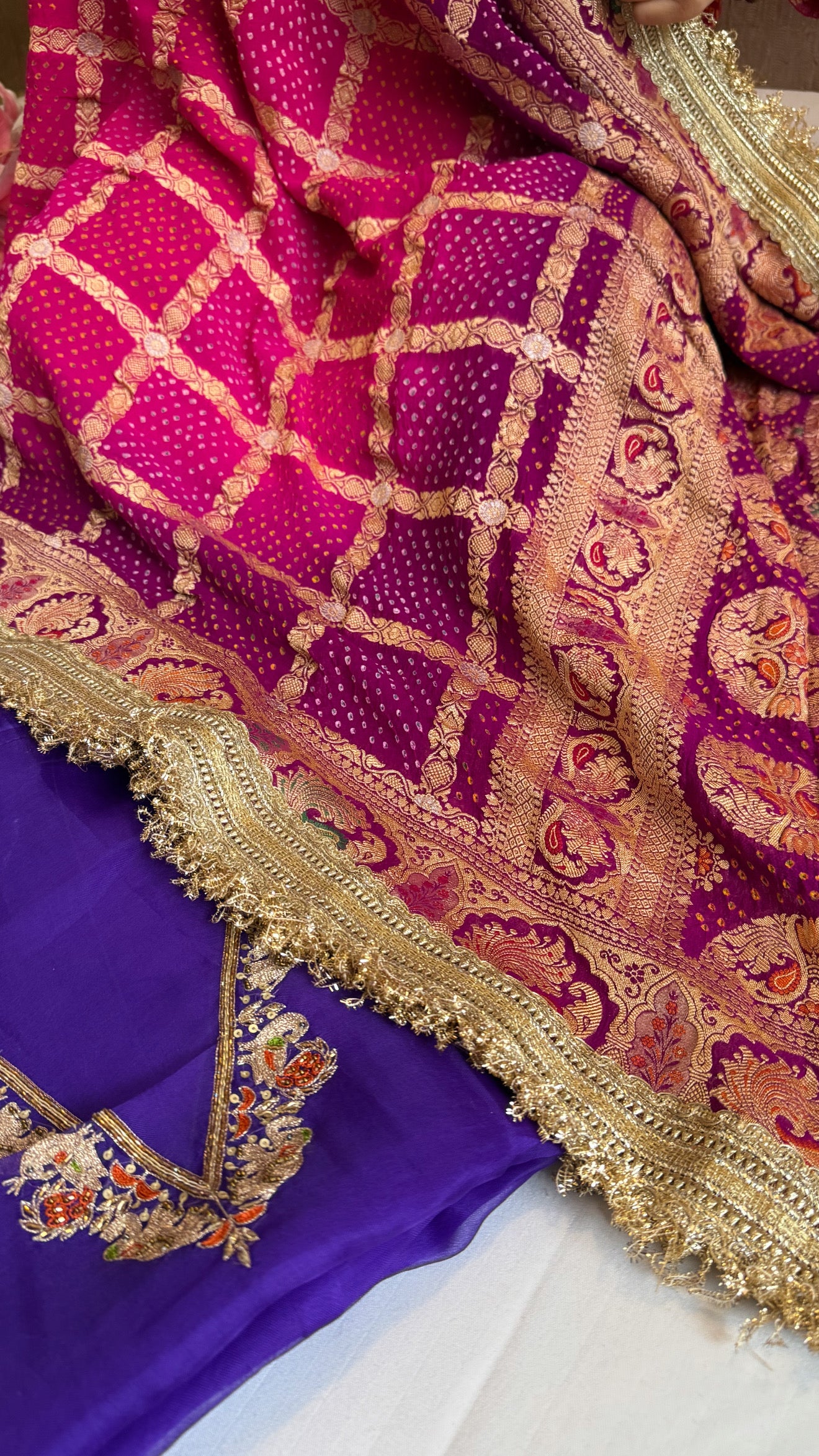 Rai bandhej gorgette kadhwa hand embroidered suit set