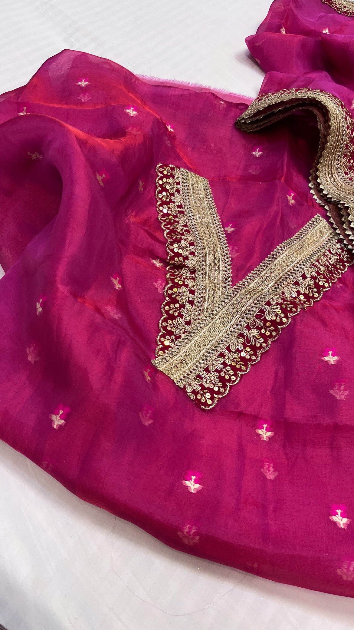 Heeramandi rani pink tissue silk meenakari suit set