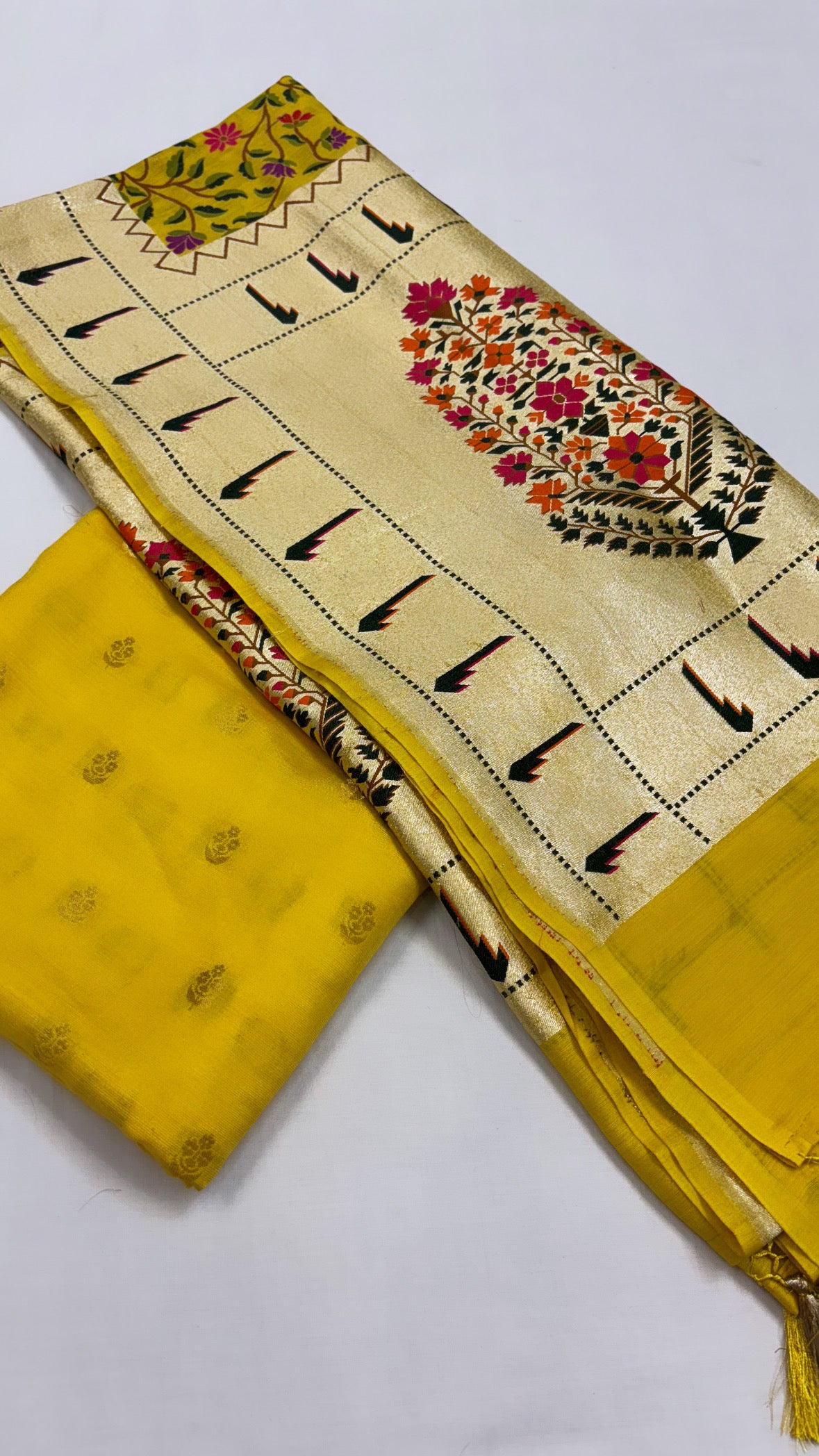 Pure Banarasi mango yellow moonga silk kadhwa buti kurta paired with kadhwa  meenedar paithani jaal intricately woven duppata and bottom set