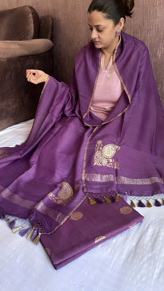 Plum moonga silk kadhwa buti suit set