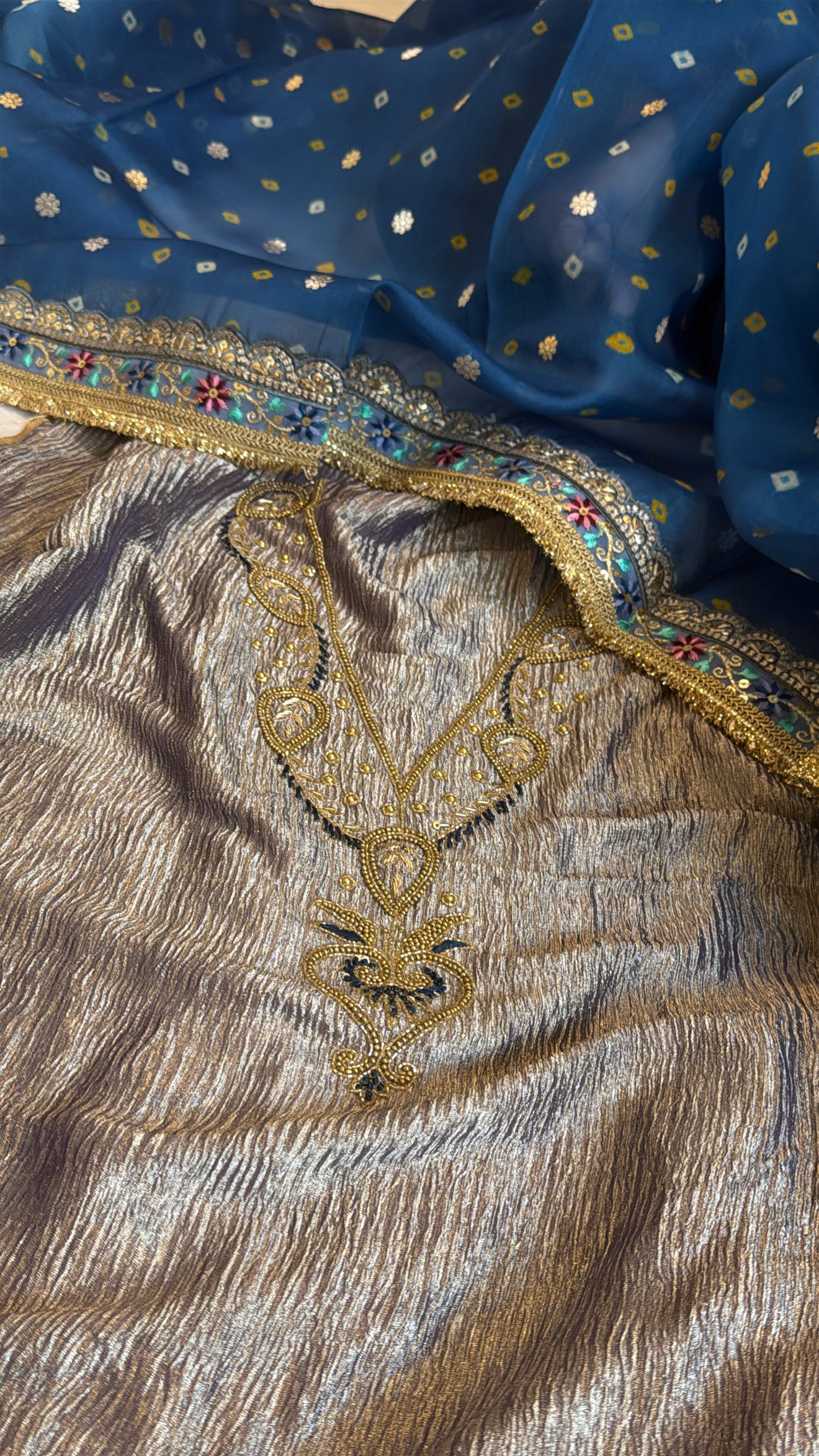 Persian blue crushed tissue silk hand embroidered kadhwa suit set