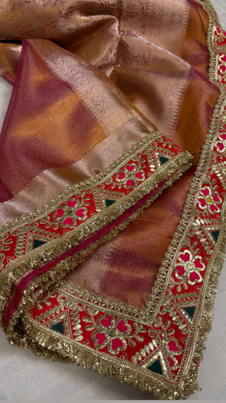 Blush golden pink maharani tissue silk meenakari border saree