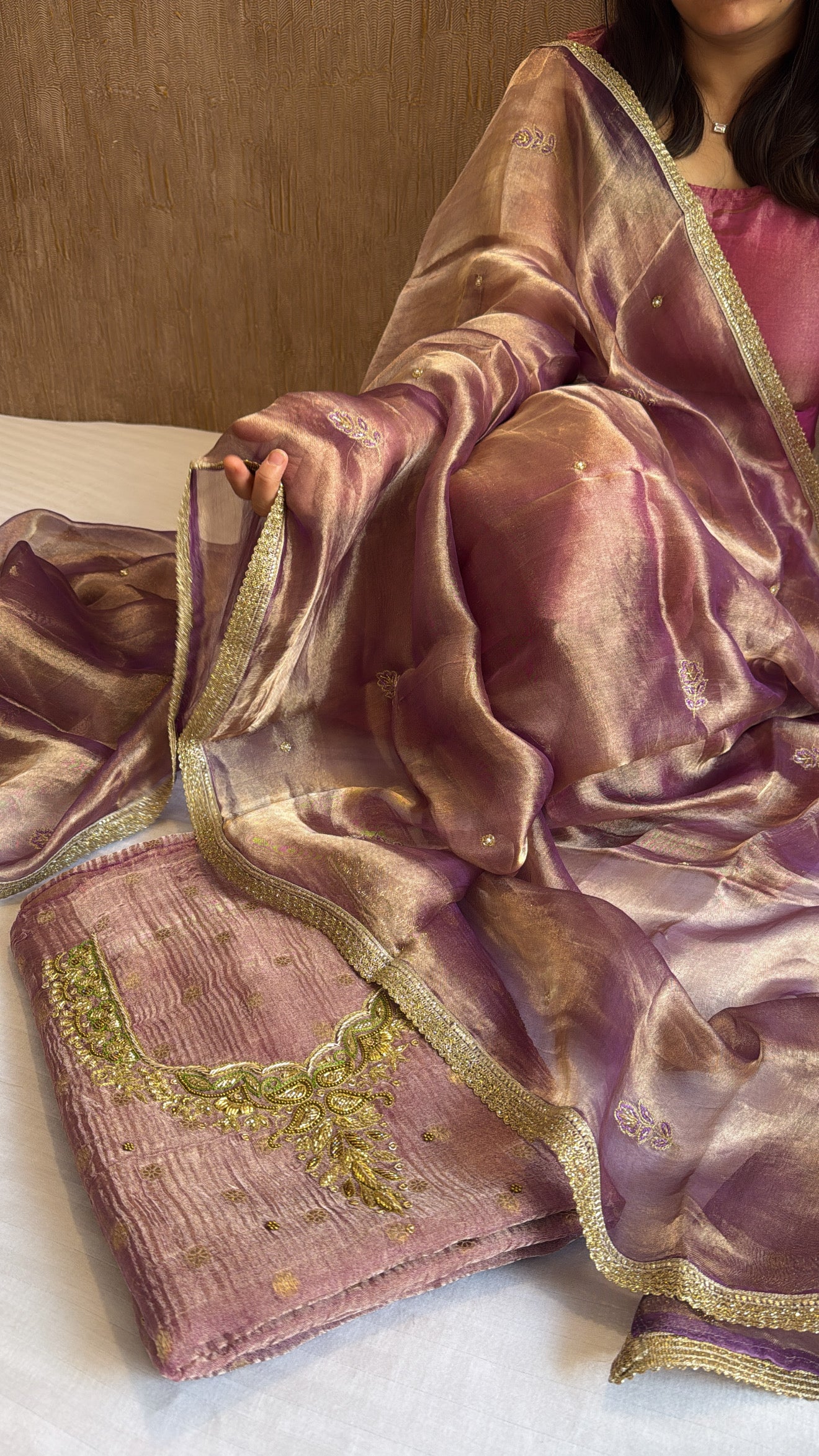 Soft lavender crushed tissue silk hand embroidered kadhwa suit set