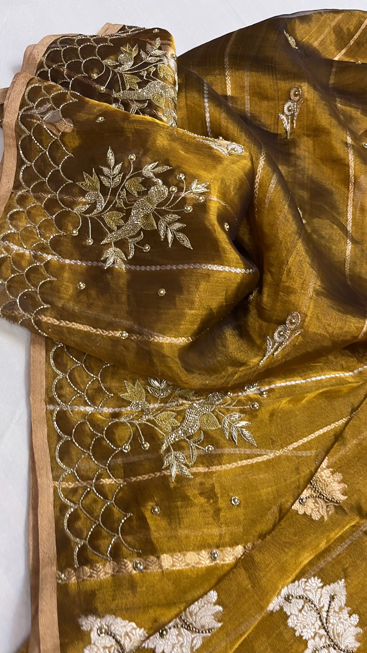 Husn metallic gold tissue silk hand embroidered saree