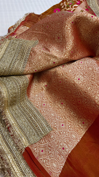 Maharani rustic red tissue tanchoi jamevar meenakari saree