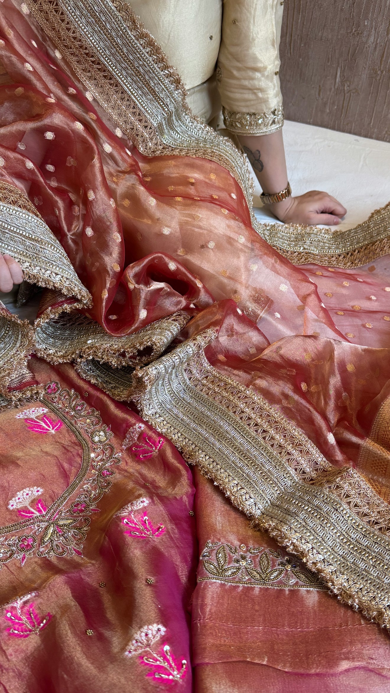 Gajri pinkish red tissue silk heeramandi hand embroidered kadhwa suit set