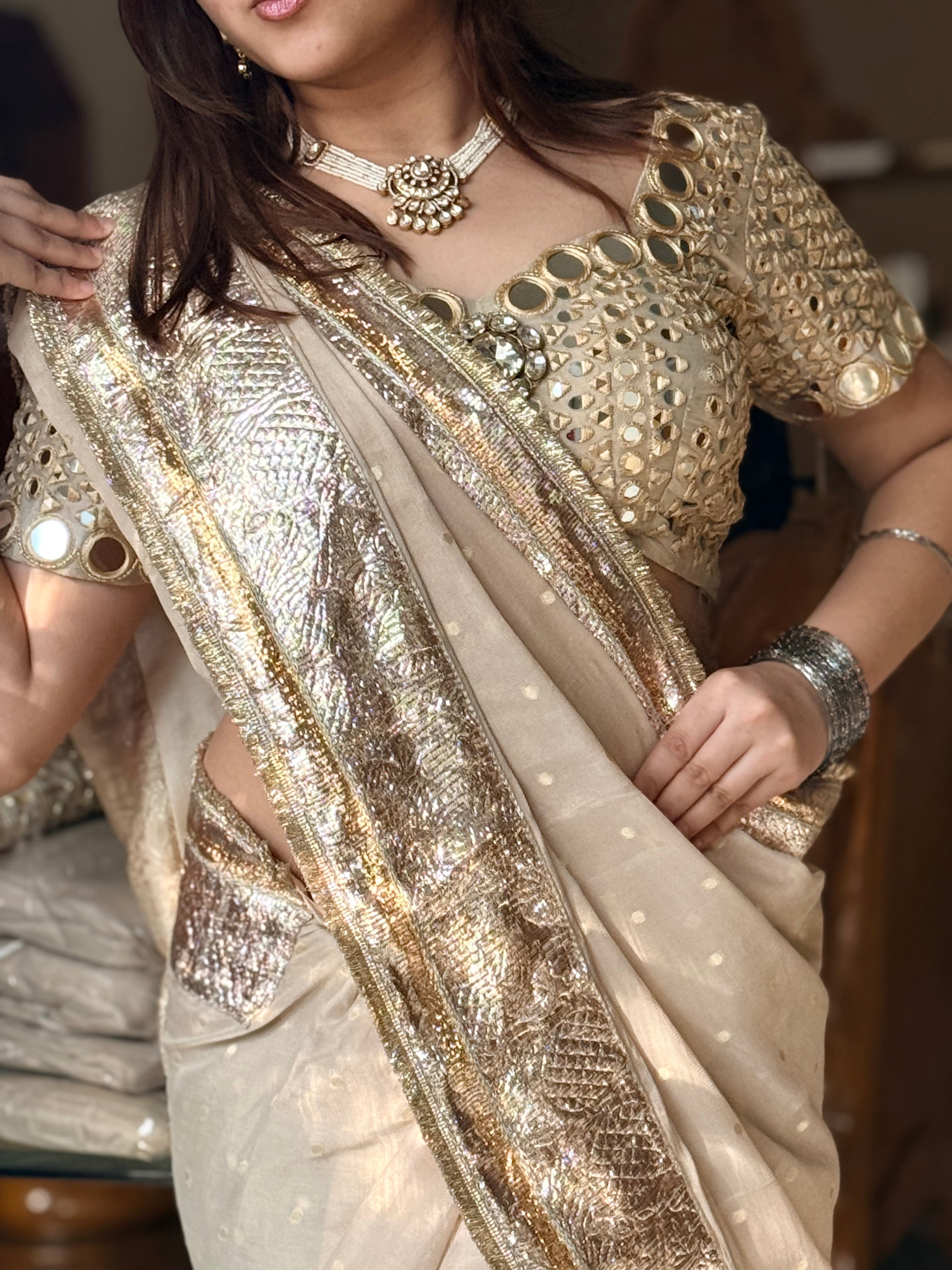 Lampi gota edit - Butter gold tissue gorgette kadhwa buti hand embroidered saree