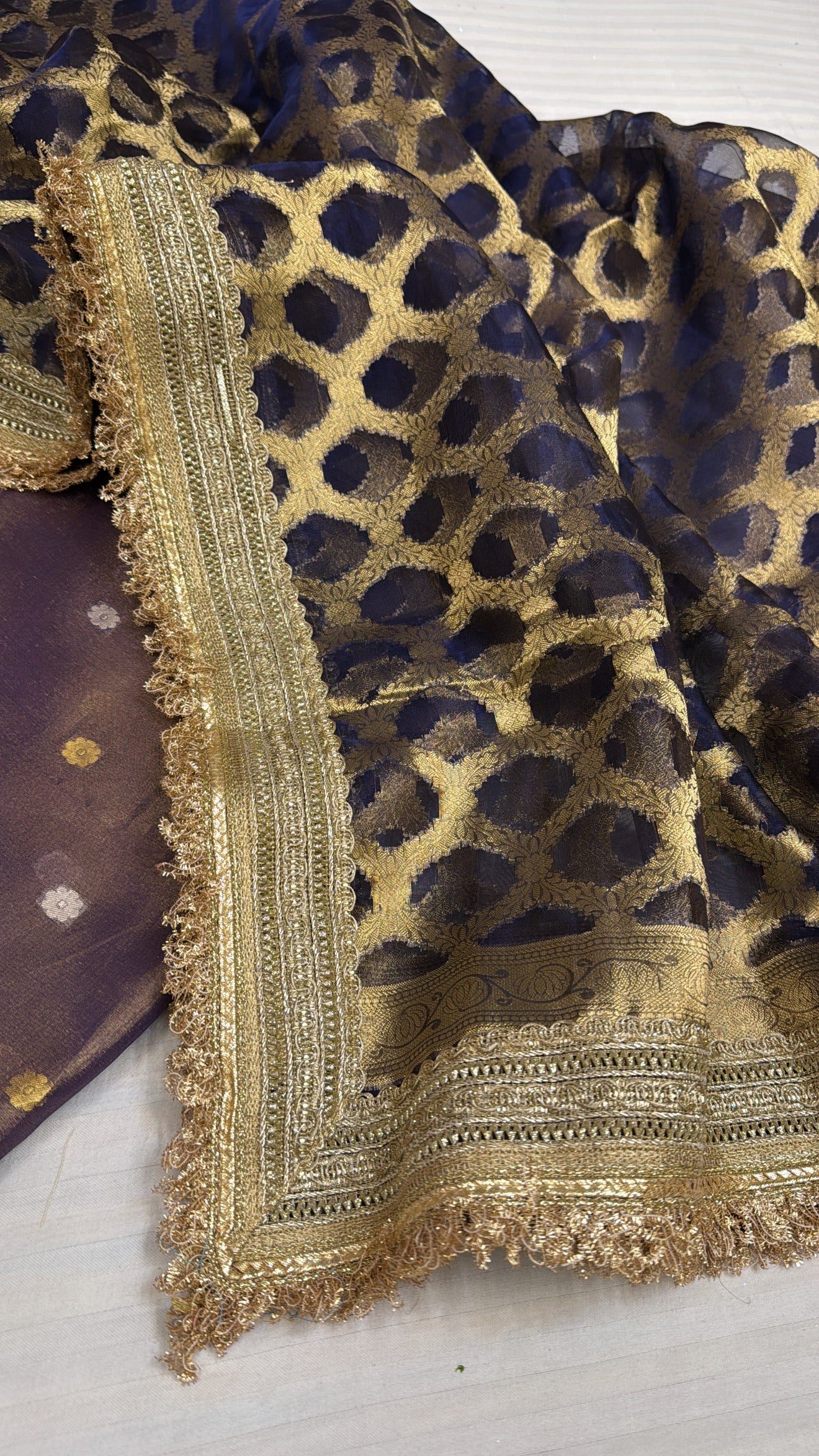 Shagun ke suits - Royal midnight blue tissue silk kadhwa suit sets with gotapatti work