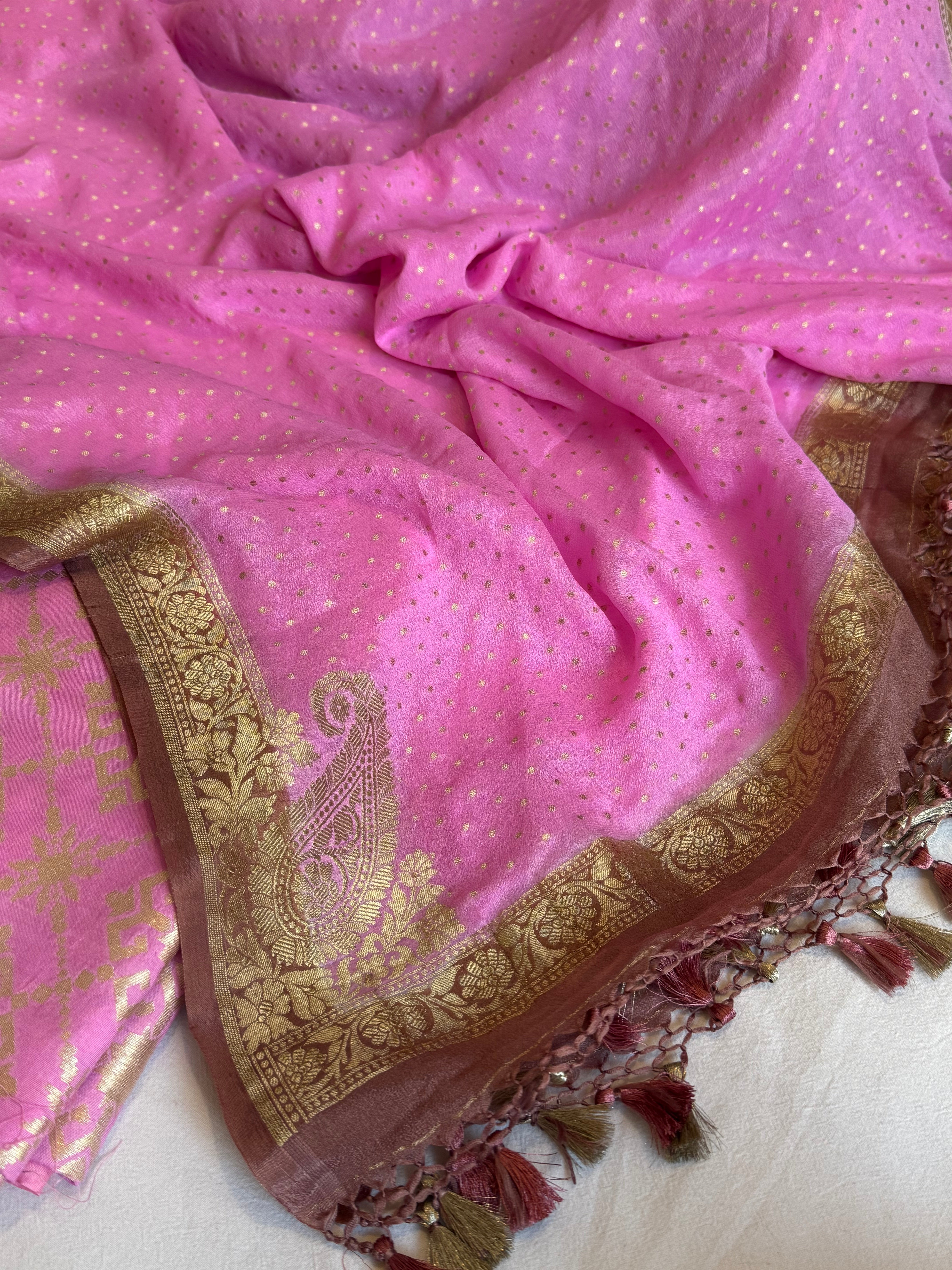 Banarasi hot pink-brown chiniya silk kurta paired with gorgette kadhwa duppata set