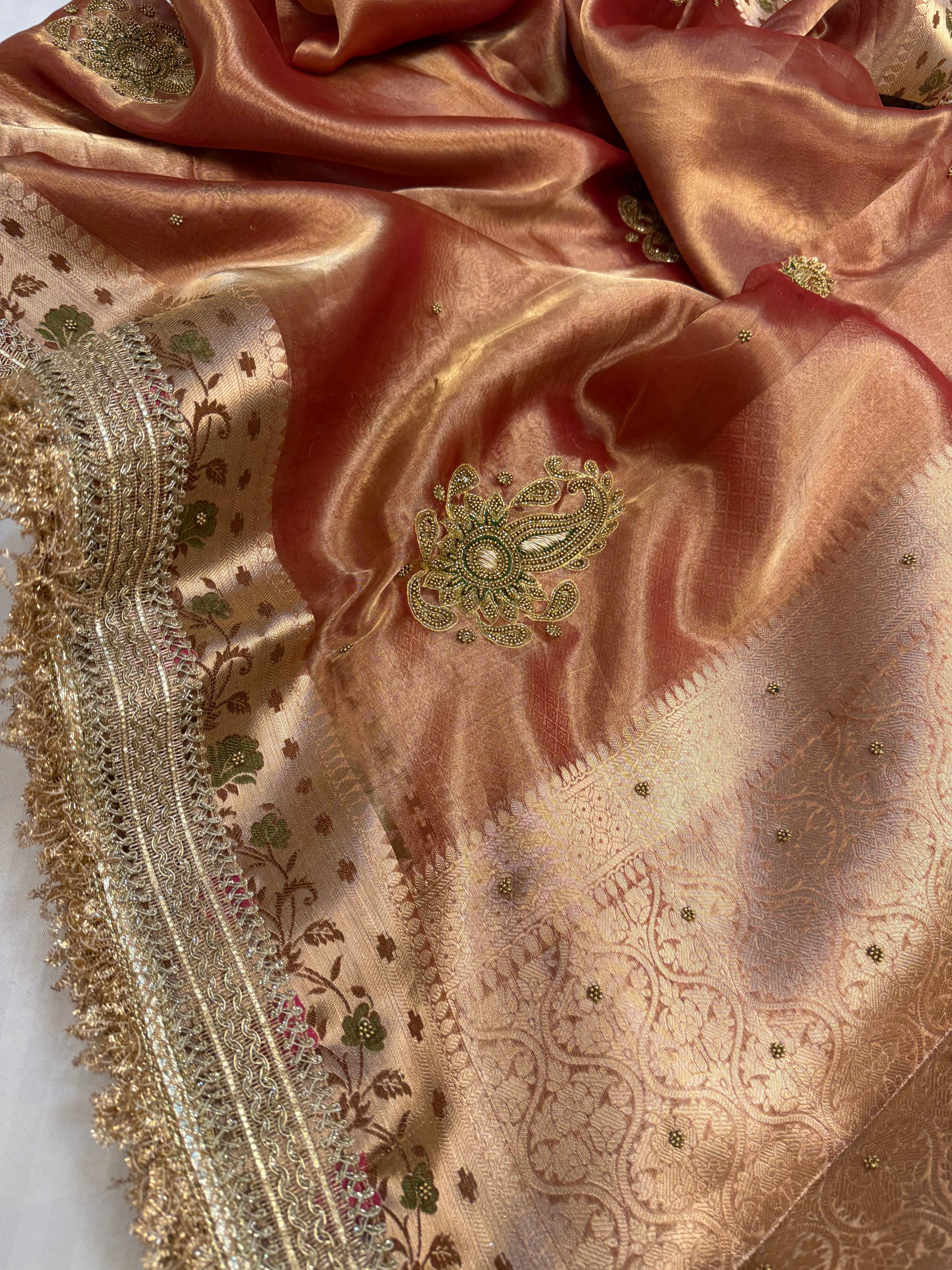 Cocktail edit sarees - Soft reddish orange tissue silk hand embroidered saree