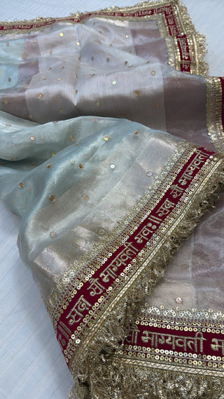 “Sada saubhagyawati” border panetar tissue silk white-red border kadhwa saree