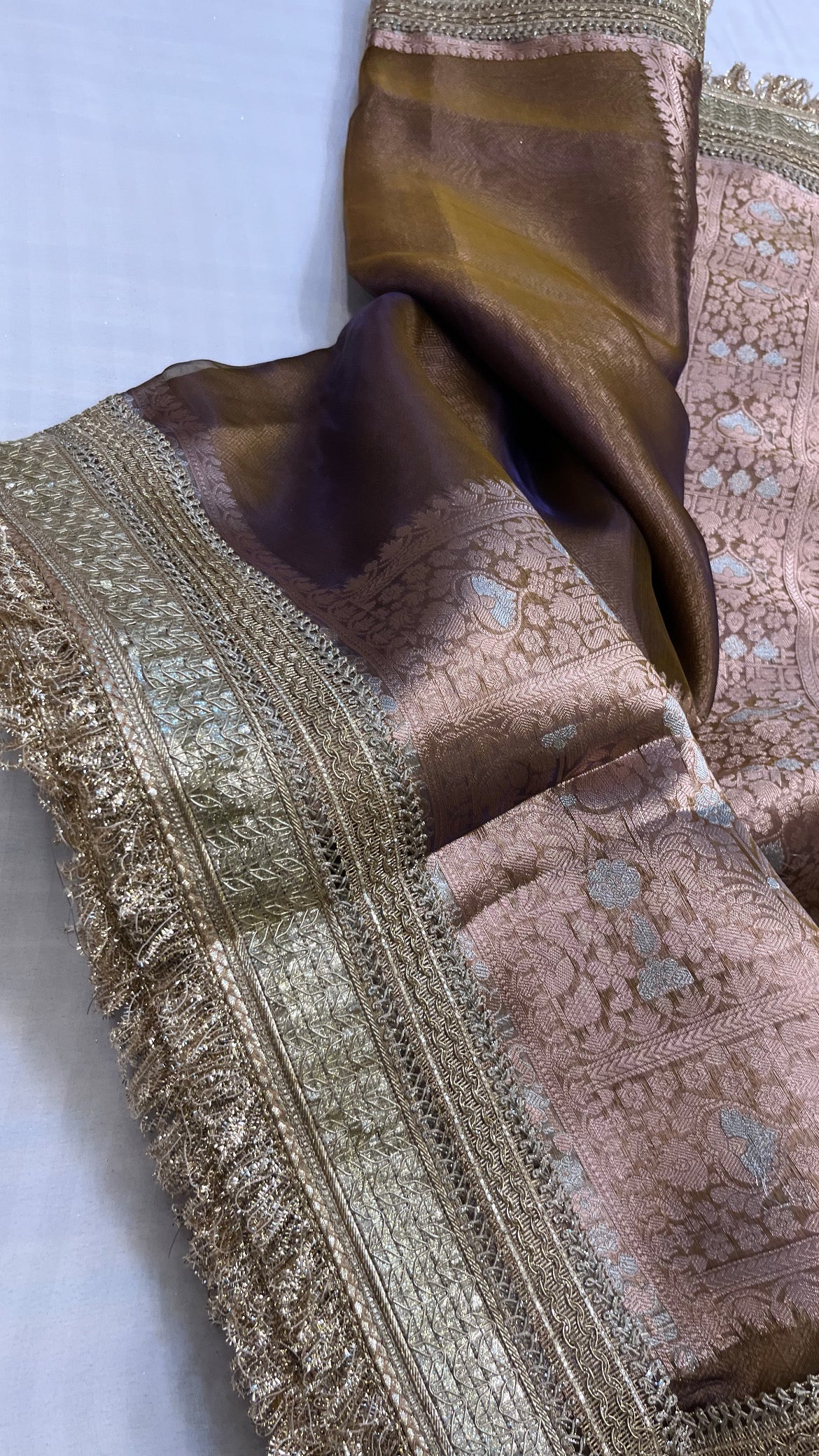 Maharani dusty gold-blue dhup chao effect tissue silk saree