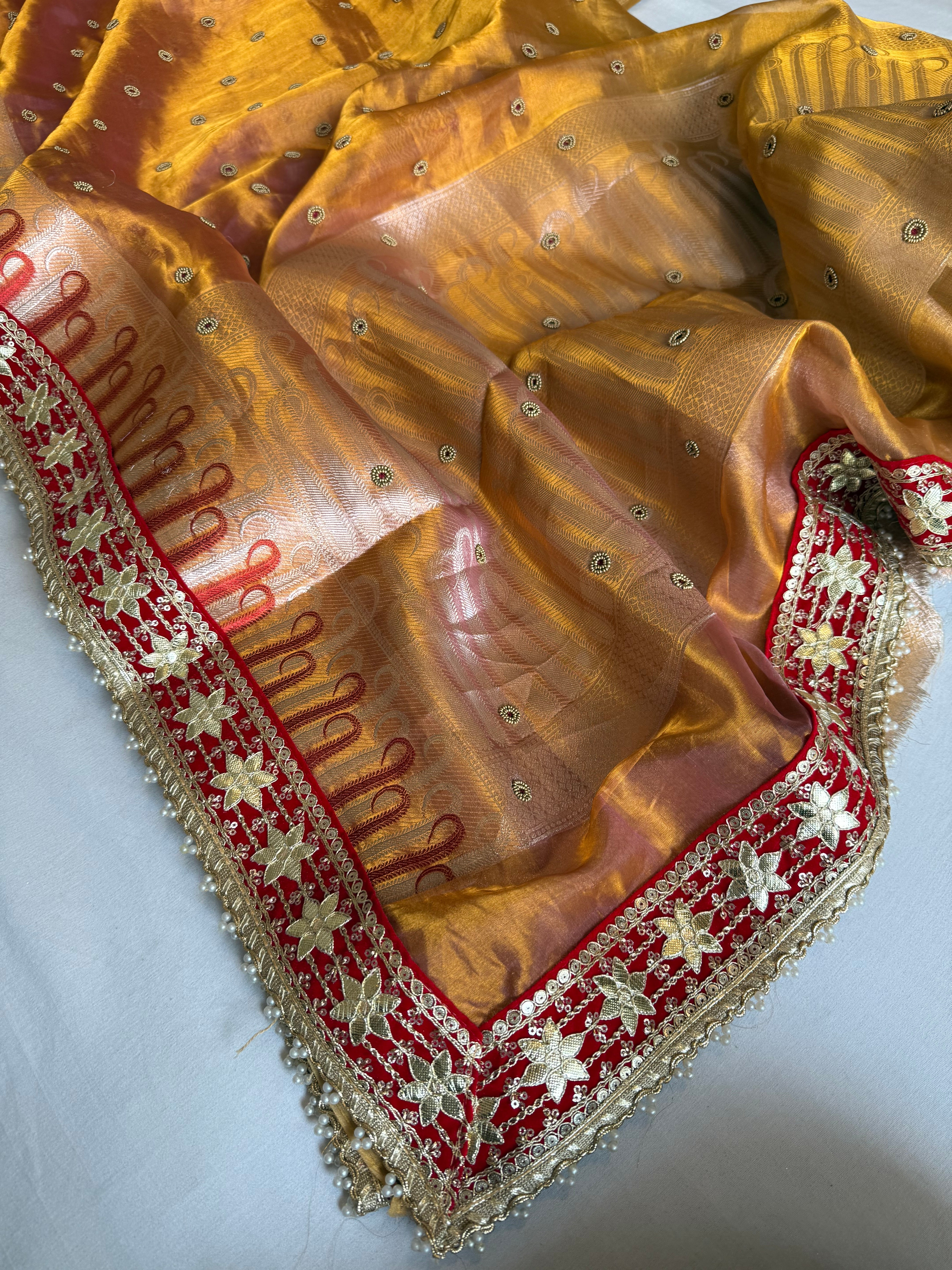 Kanjivaram gold tissue silk red meenakari hand embroidered kadhwa saree