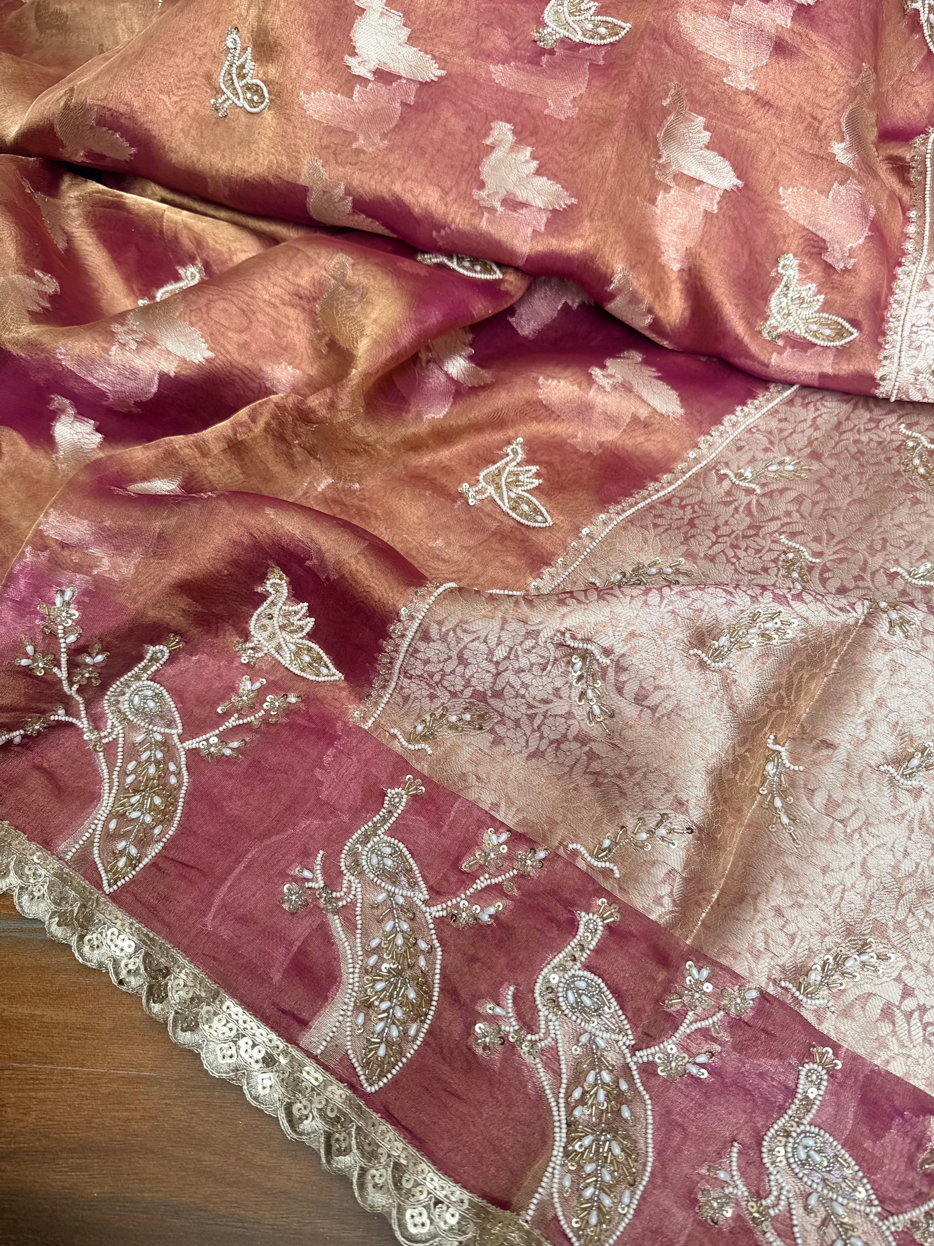 Tyohaar edit - Pearlwork morni hand embroidered tissue silk kadhwa saree