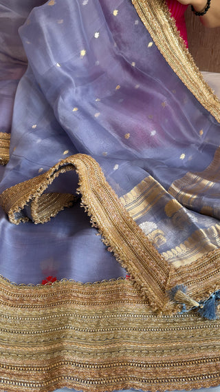 Dusty blue kora silk kadhwa gotapatti work suit set
